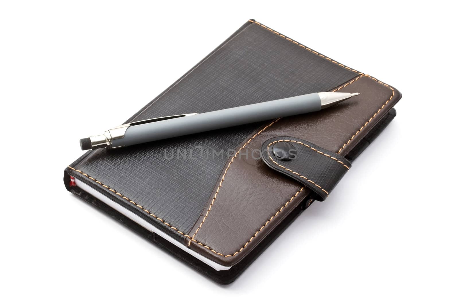 Black notebook and Mechanical pencil isolated on white 