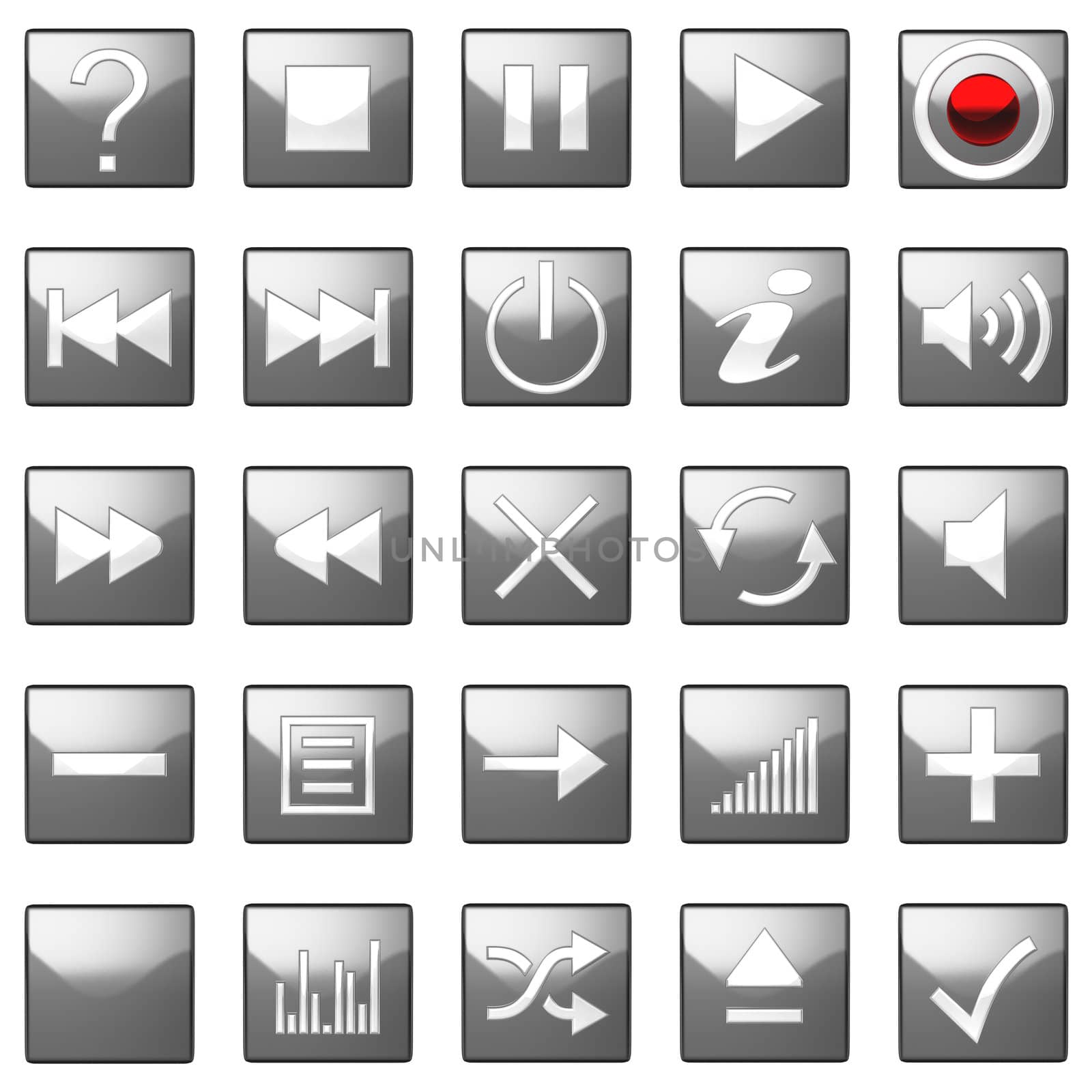 Square grey Control panel icons set isolated on black