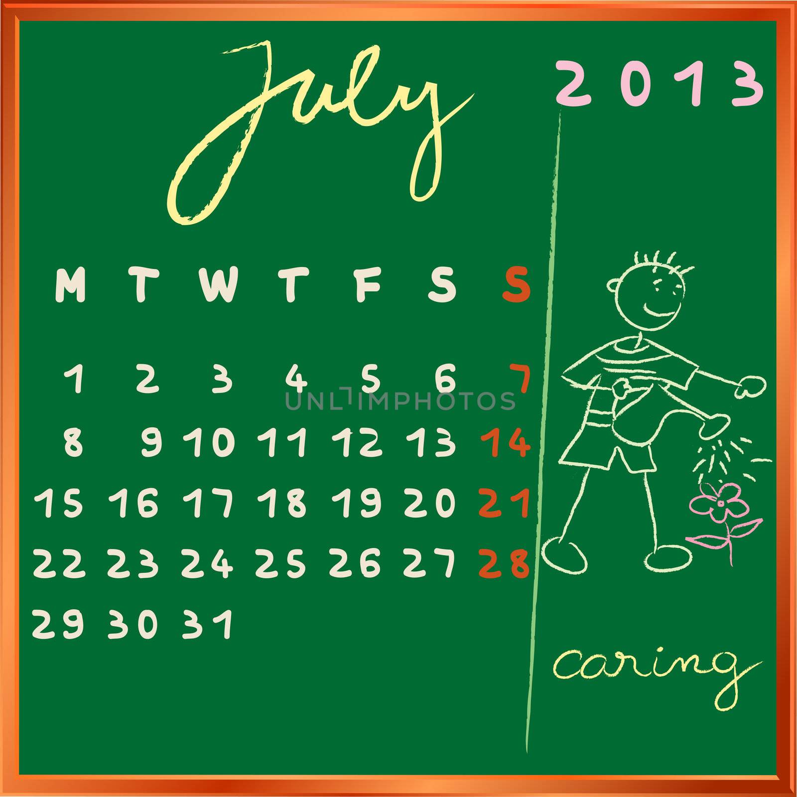 2013 calendar on a chalkboard, july design with the caring student profile for international schools
