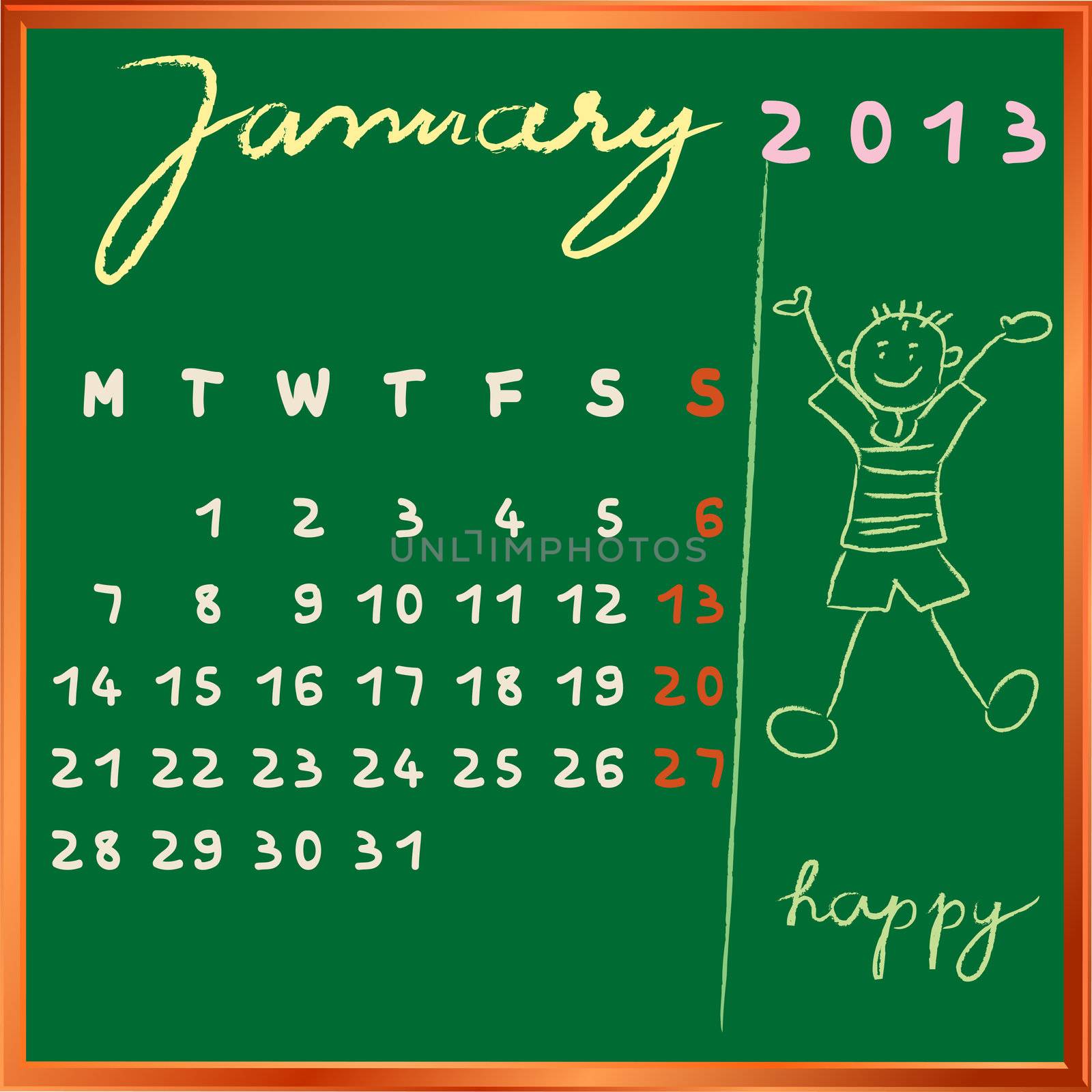 2013 calendar on a chalkboard, january design with the happy student profile for international schools