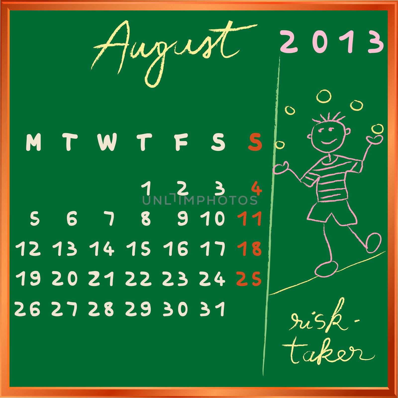 2013 calendar on a chalkboard, august design with the risk taker student profile for international schools