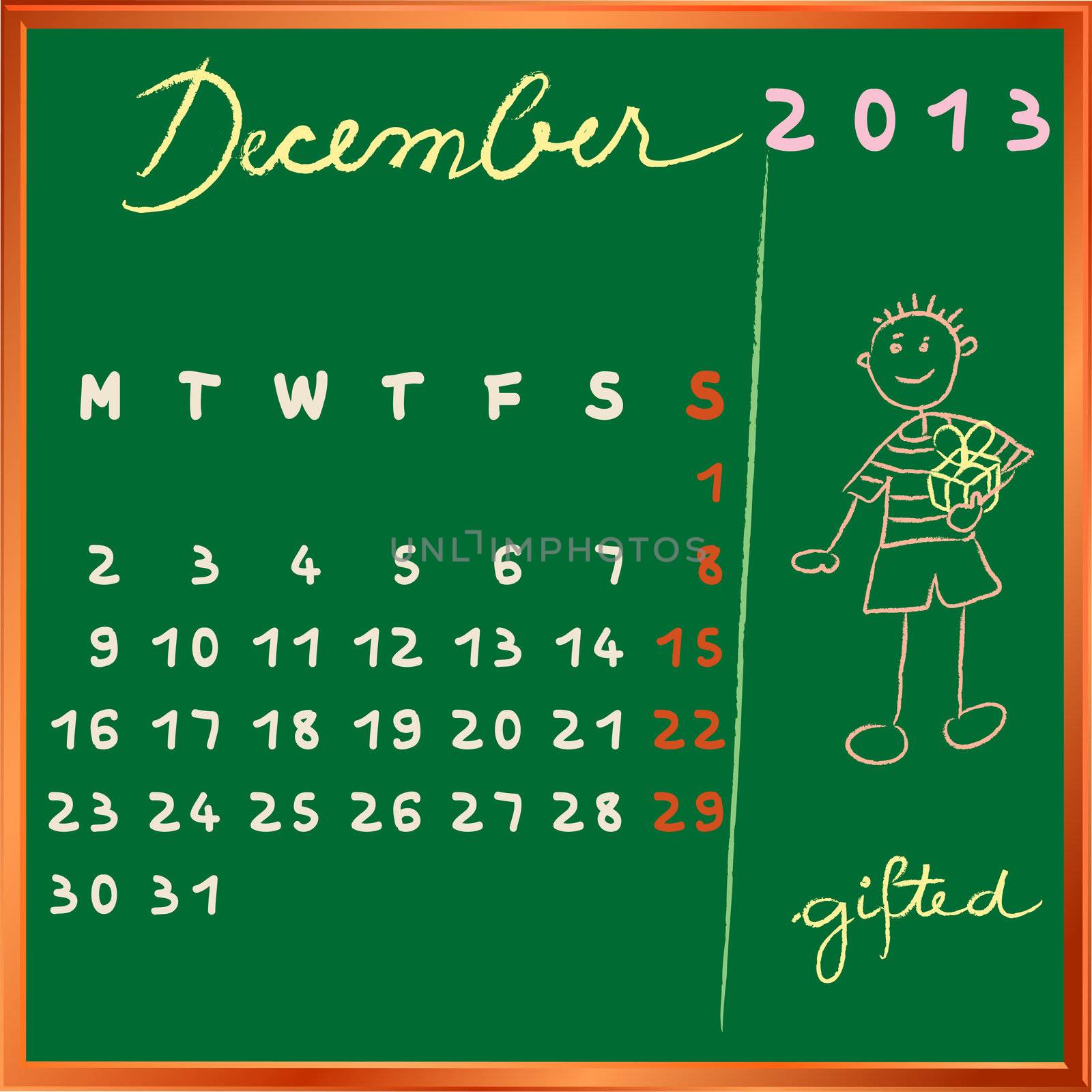 2013 calendar on a chalkboard, december design with the gifted student profile for international schools