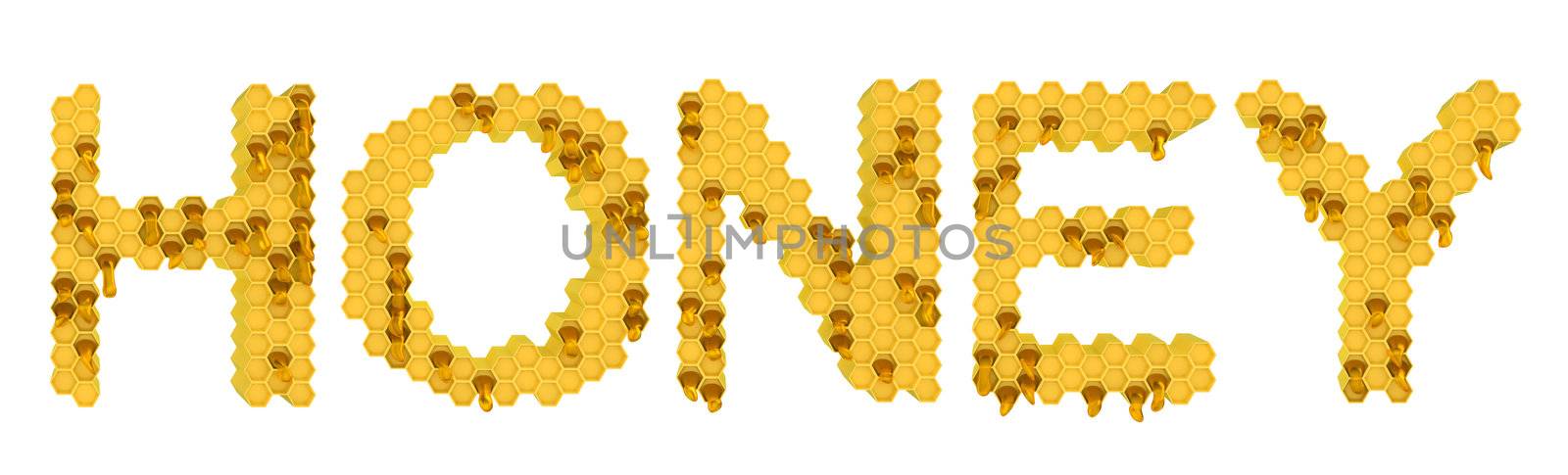 Honey and sweet food: yellow honeycomb letters over white
