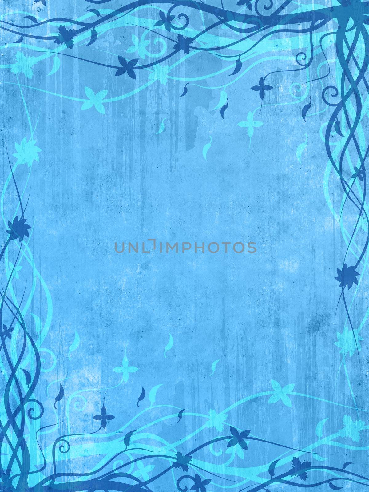 Blue frame with floral patterns and splashes