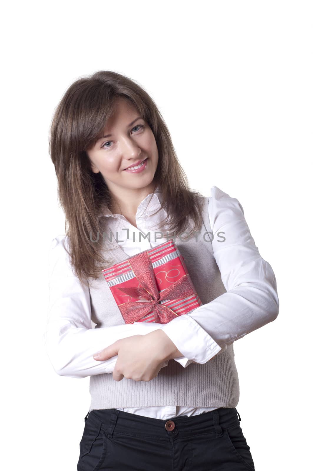 Young smiling woman holding gift - Red box with a bow