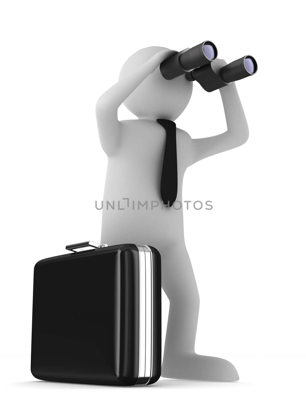 man with binocular on white background. Isolated 3d image