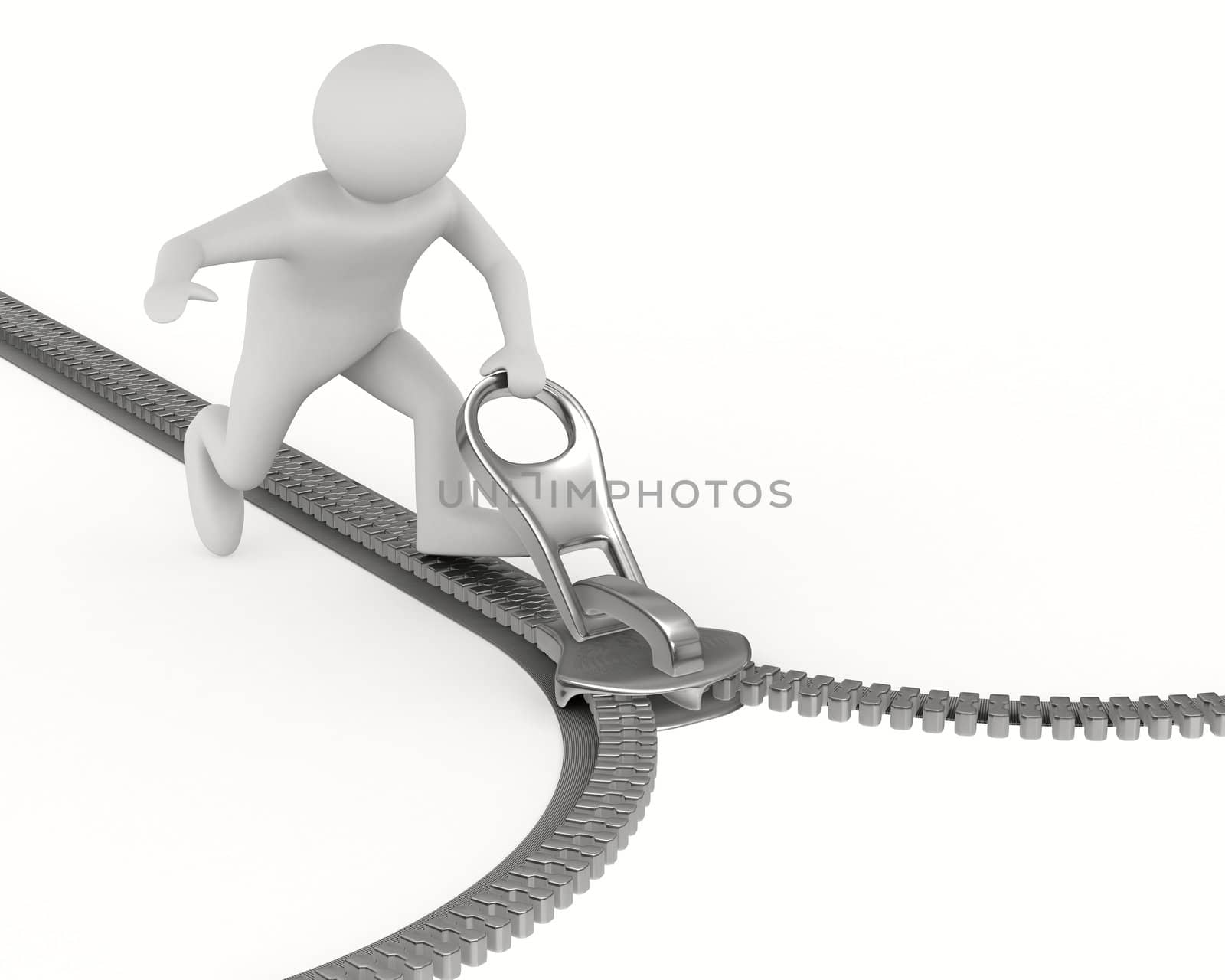 Zipper and man on white background. Isolated 3D image
