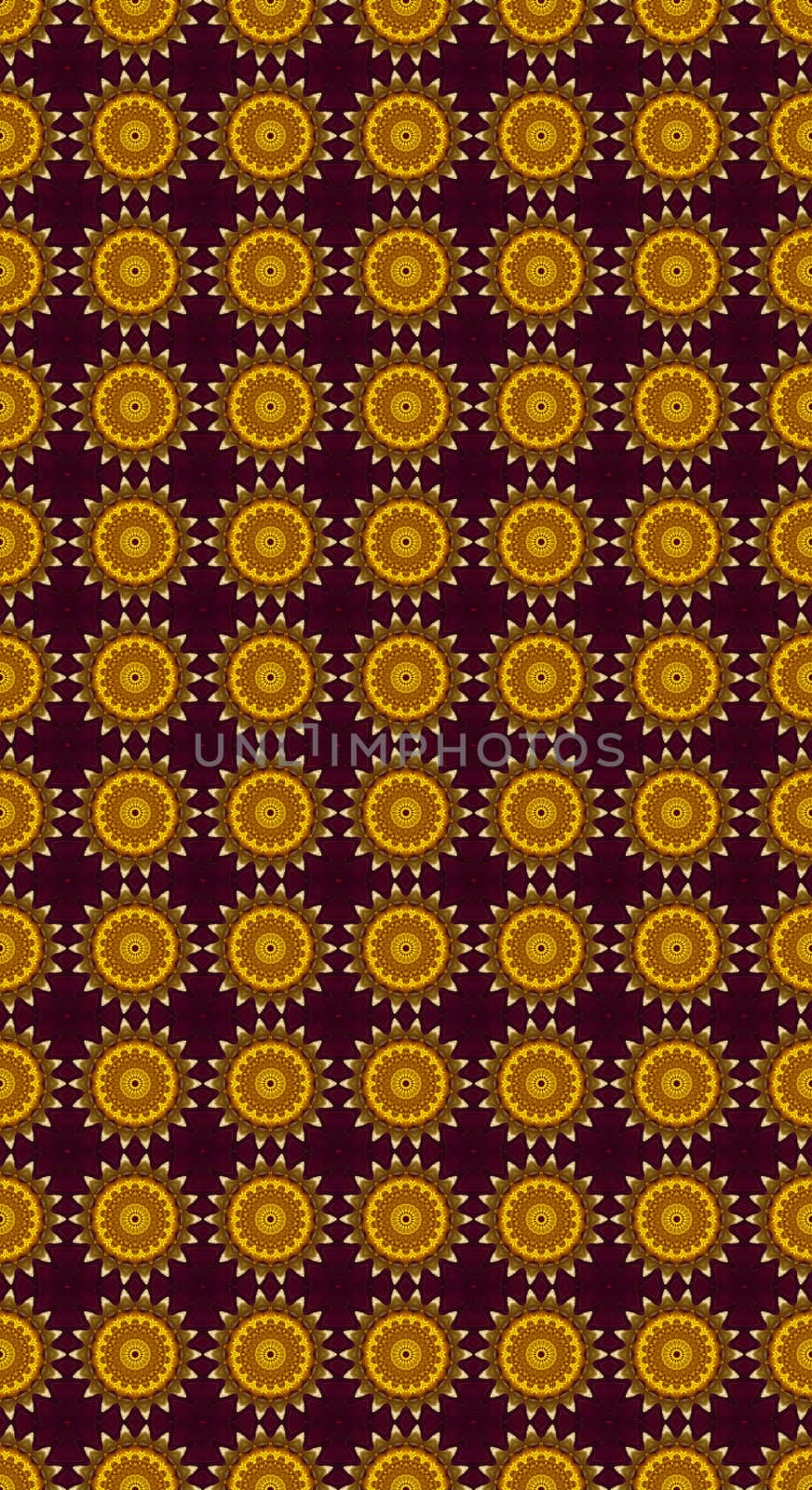 Seamless pattern of golden suns on red background