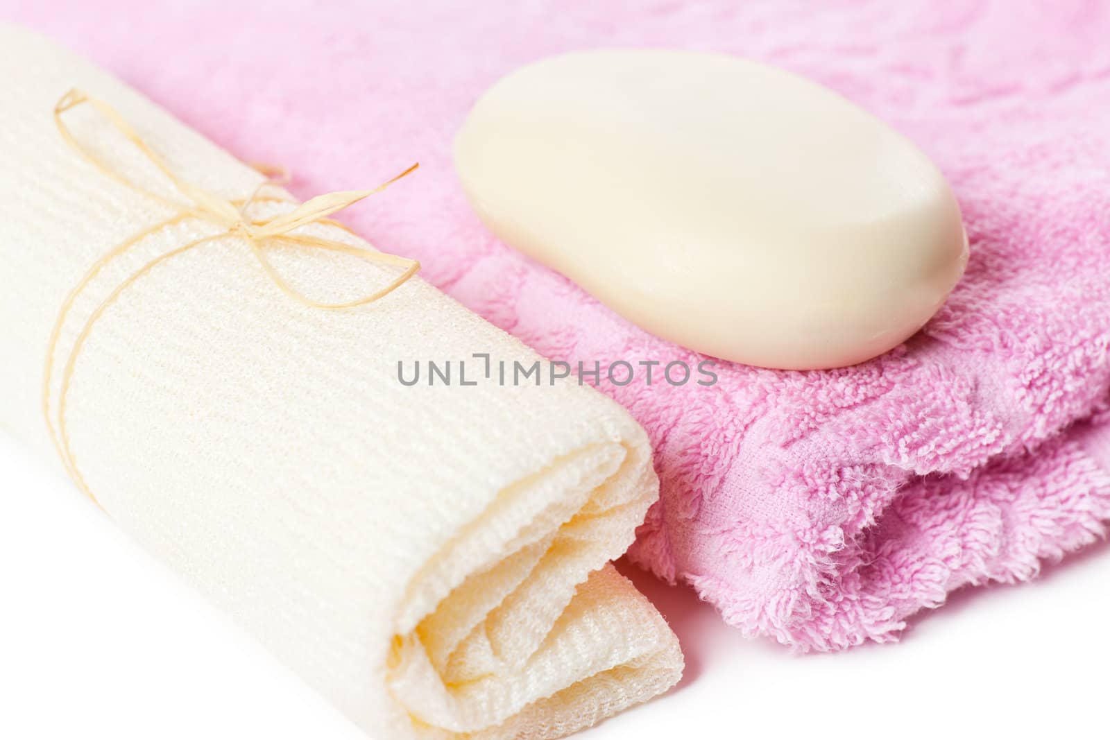 Towel and soap. Closeup view