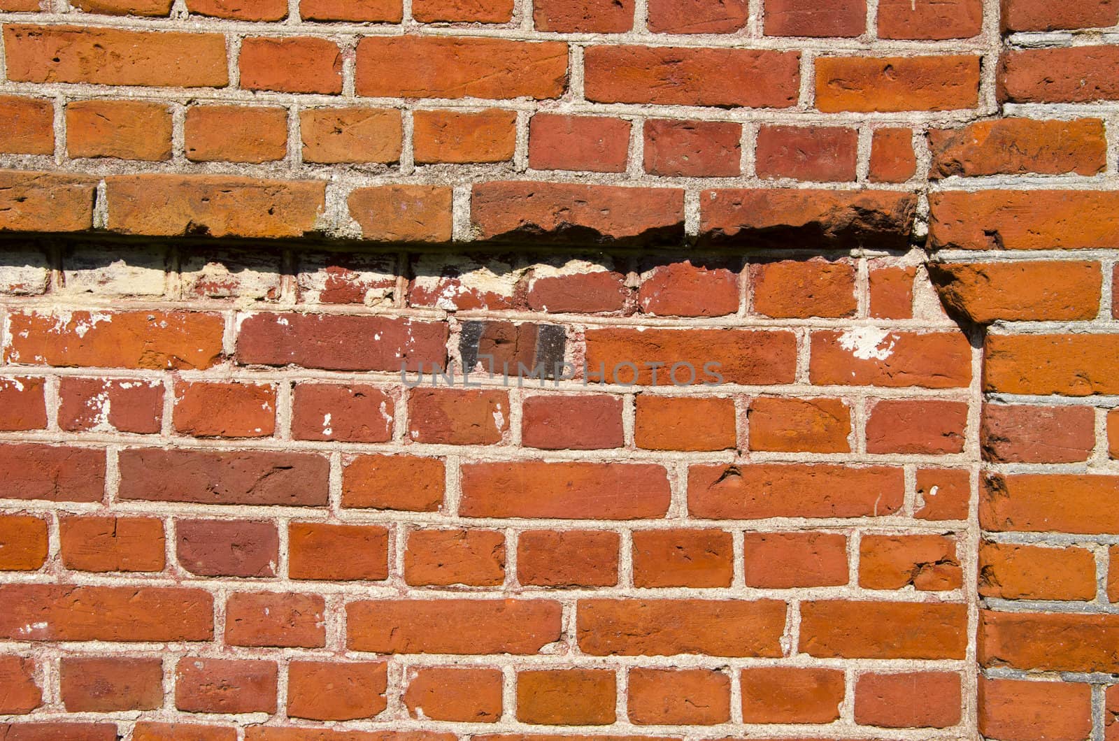 Background of old red brick wall fragment. Architectural backdrop.