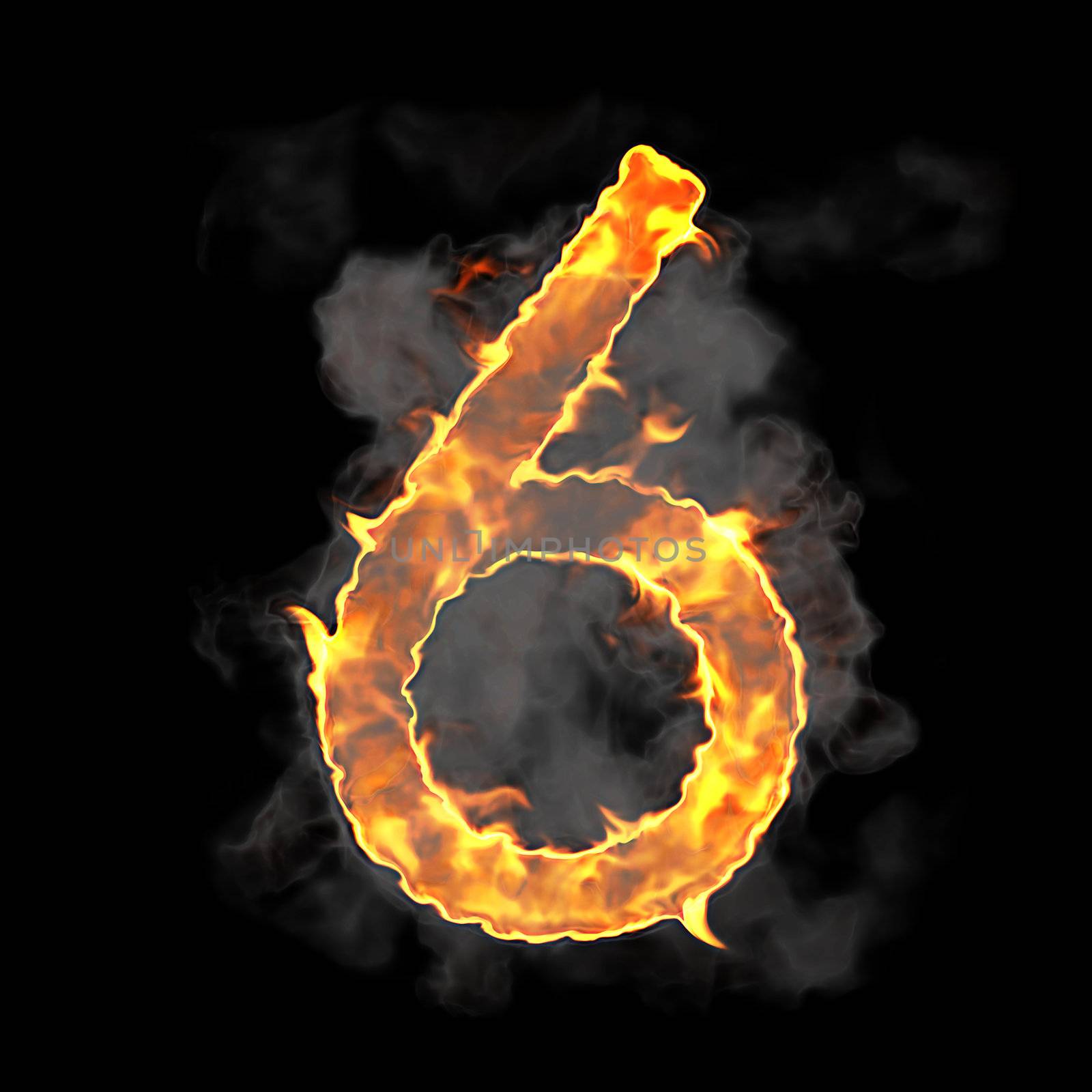 Burning and flame font 6 numeral over black background