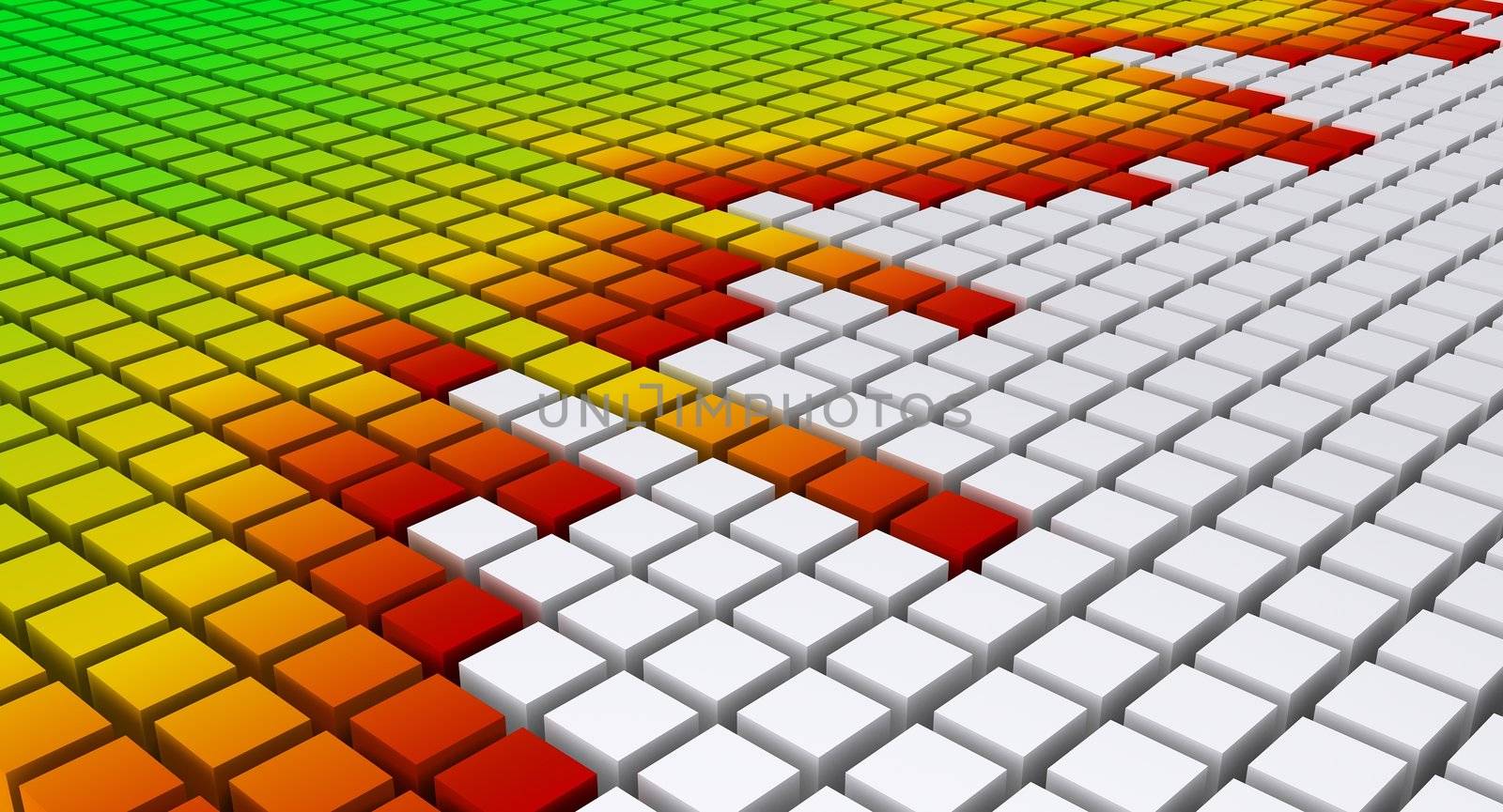 Concept of colorful graphic equalizer display as used in music mixing or monitoring devices. Rendered in diagonal perspective view with typical color scheme of green, yellow and red color blending.