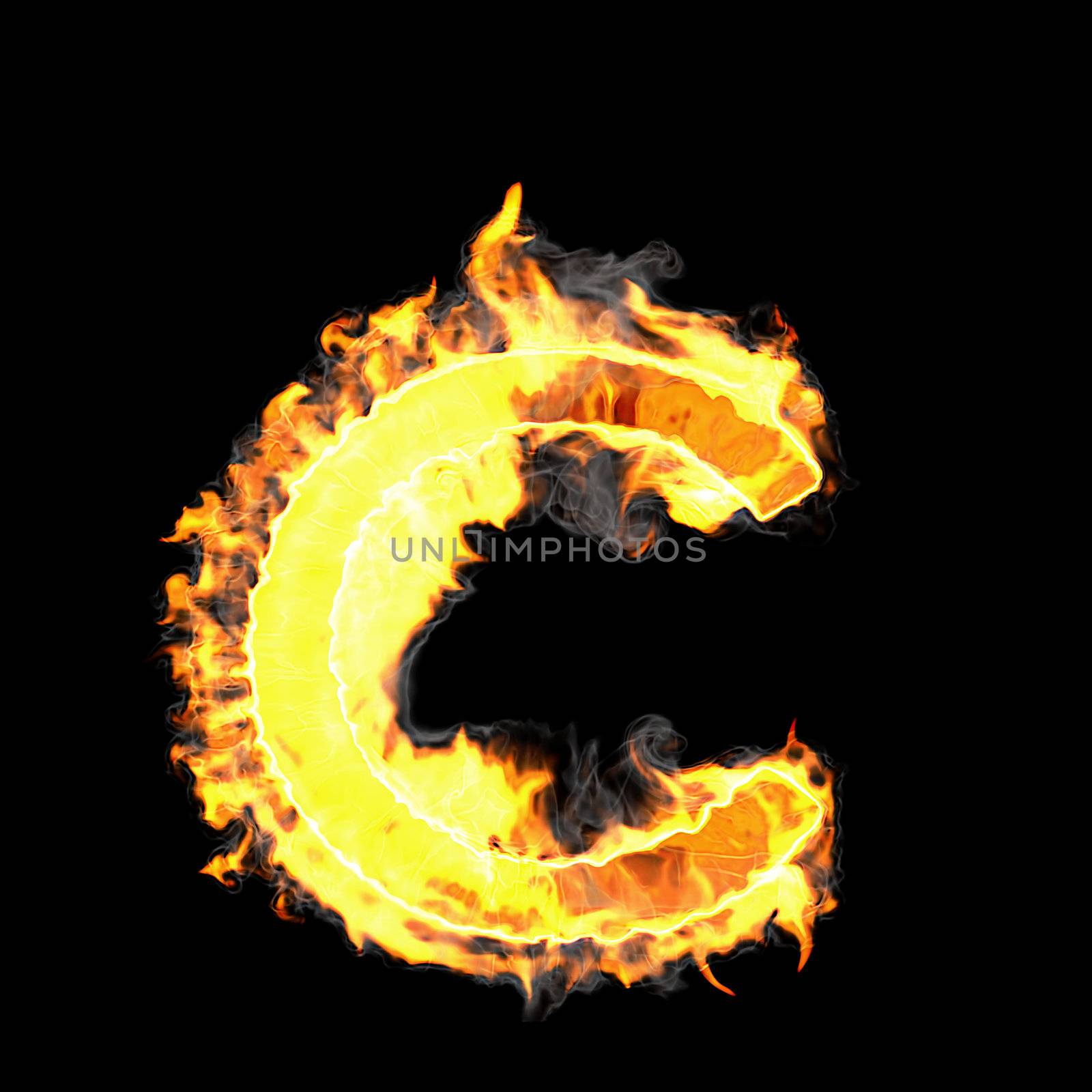 Burning and flame font C letter over black background
