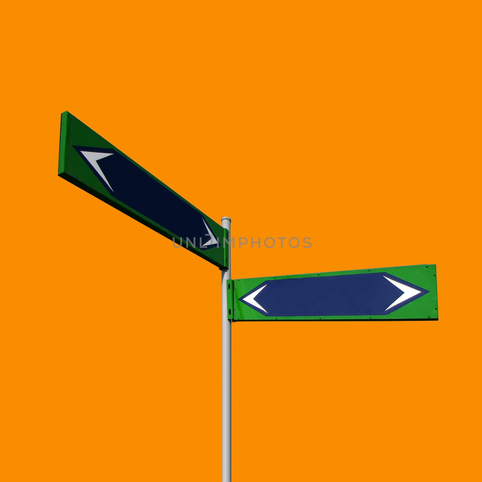 Blue direction signs isolated on orange background with working path