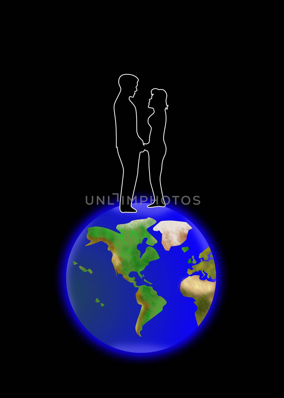 Couple holding hands on earth illustration