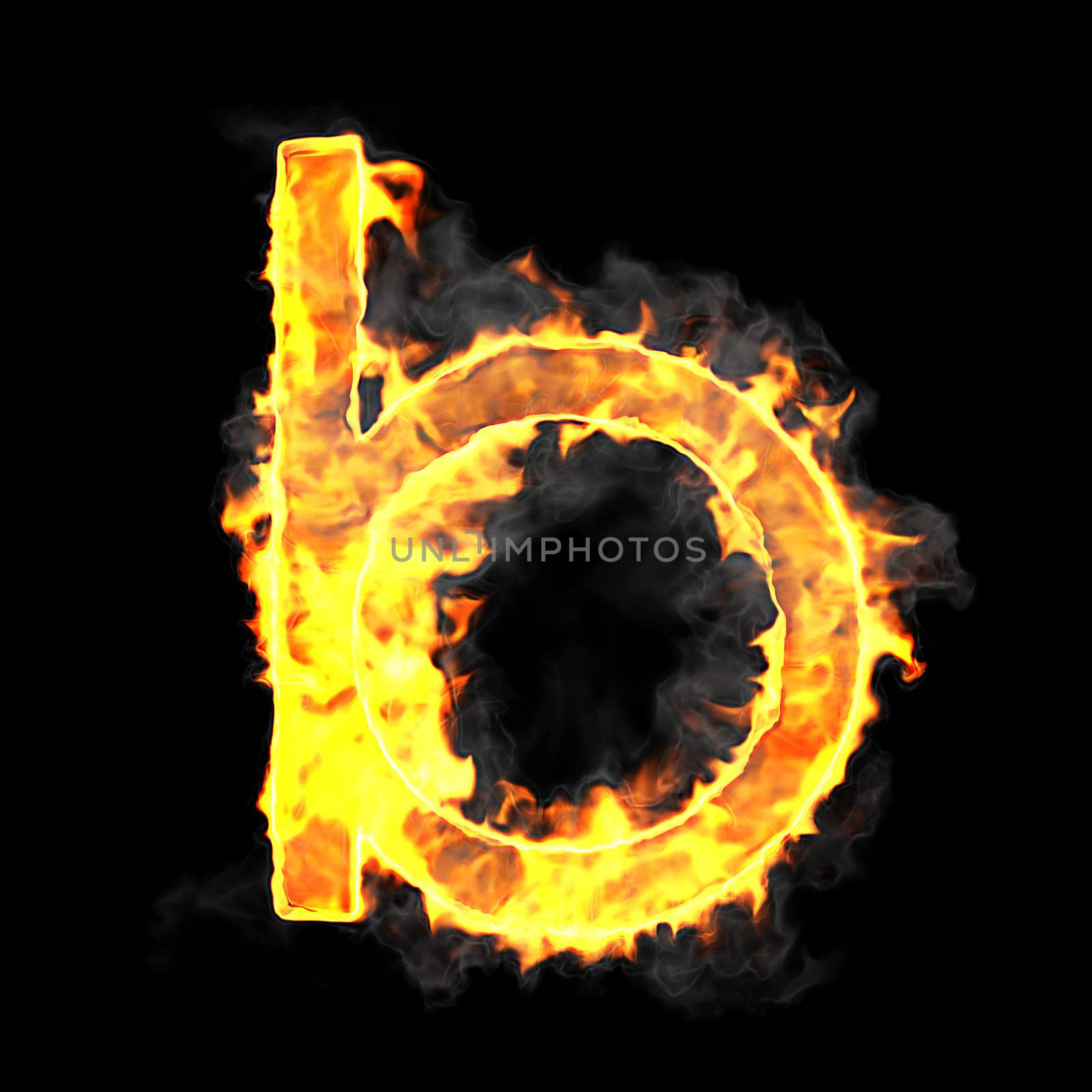 Burning and flame font B letter over black background