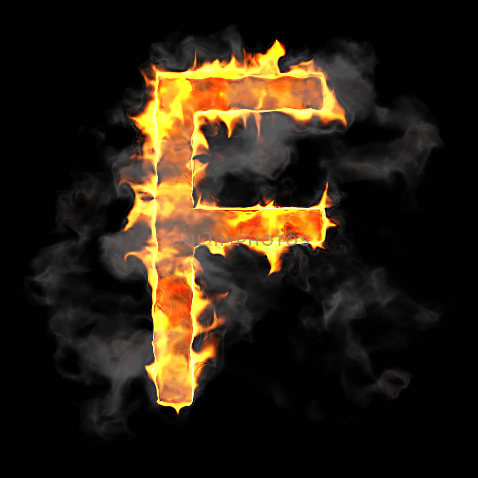 Burning and flame font F letter over black background
