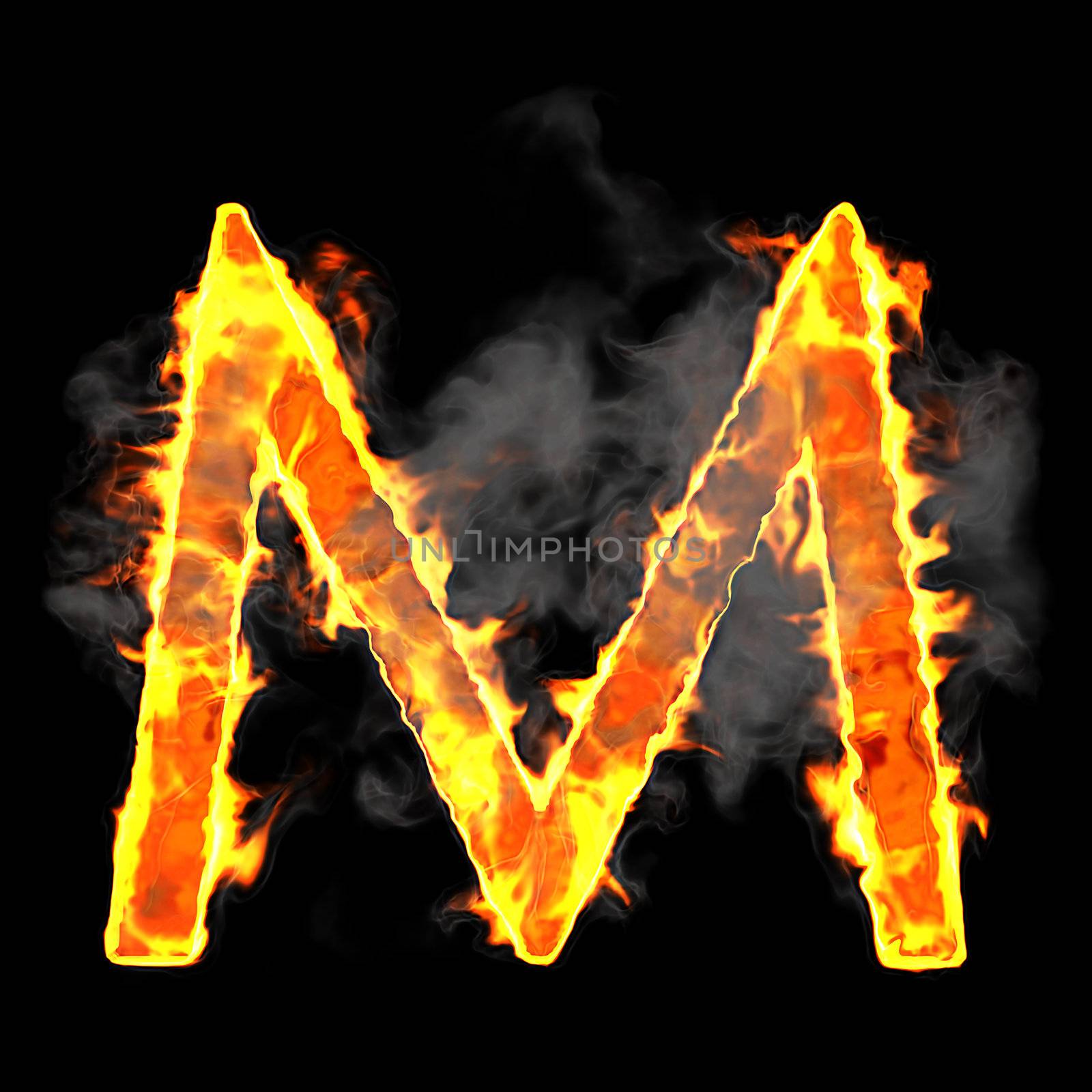 Burning and flame font M letter over black background
