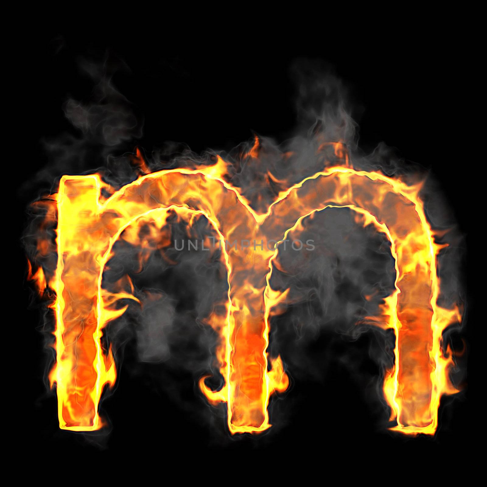 Burning and flame font M letter over black background