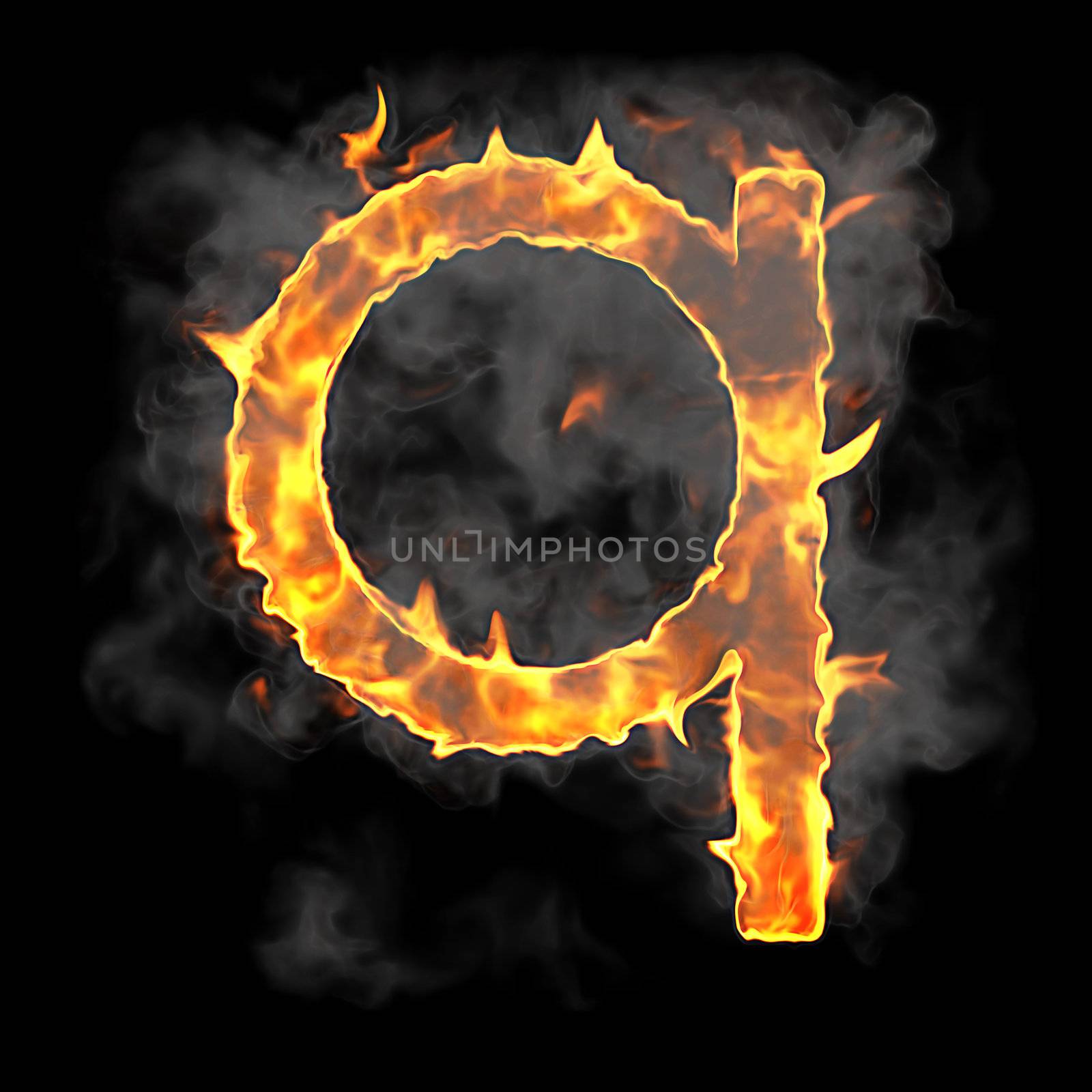 Burning and flame font Q letter over black background
