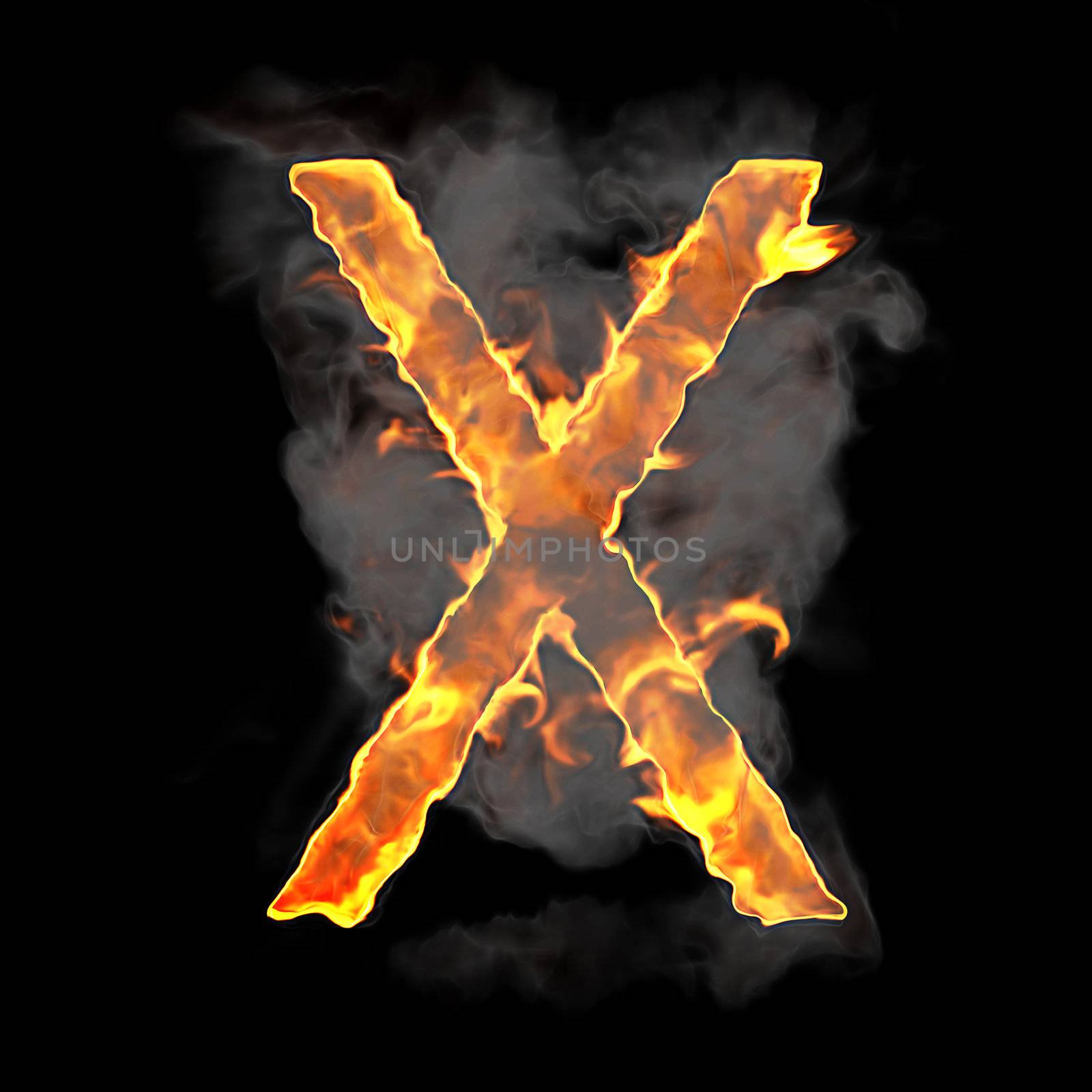 Burning and flame font X letter over black background
