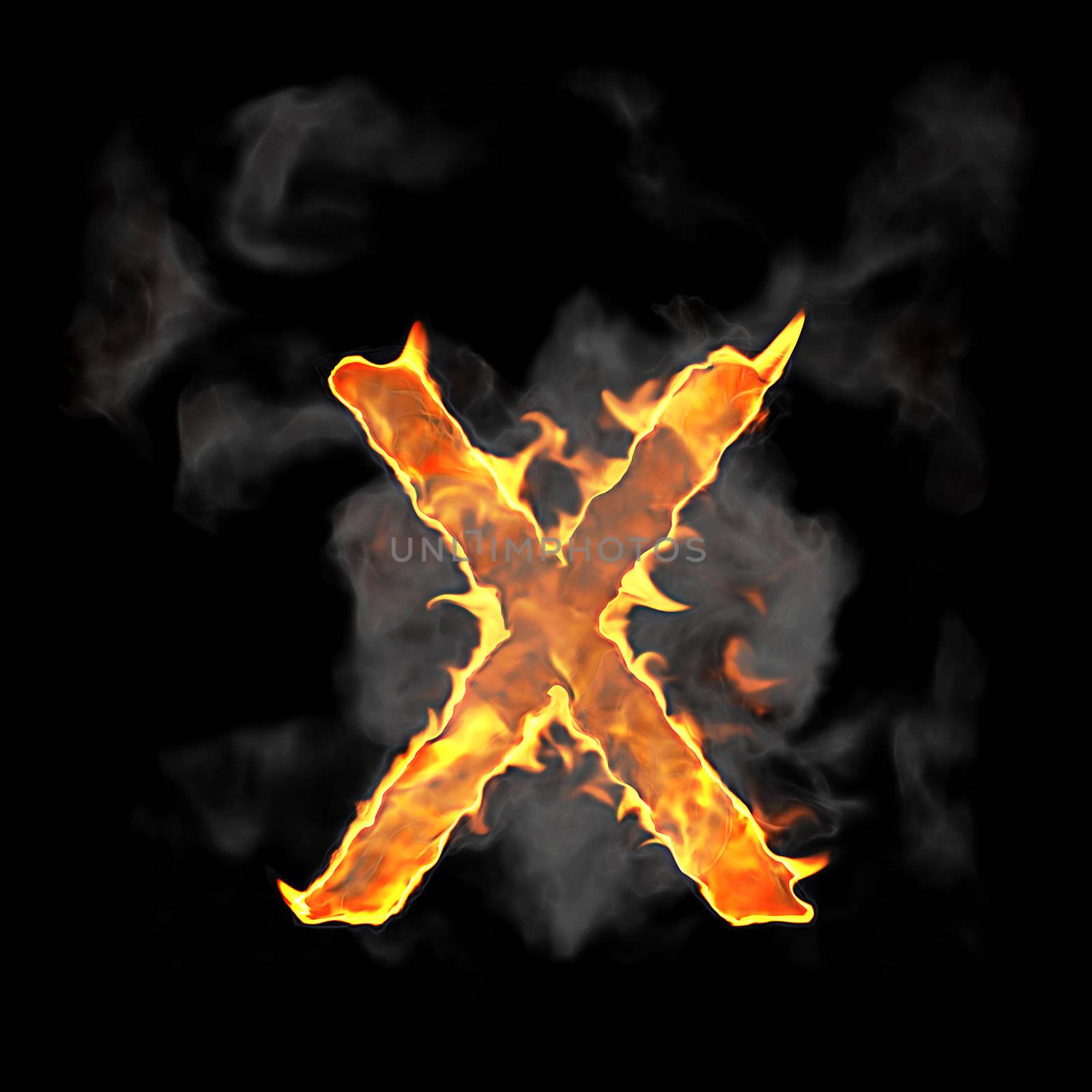 Burning and flame font X letter over black background