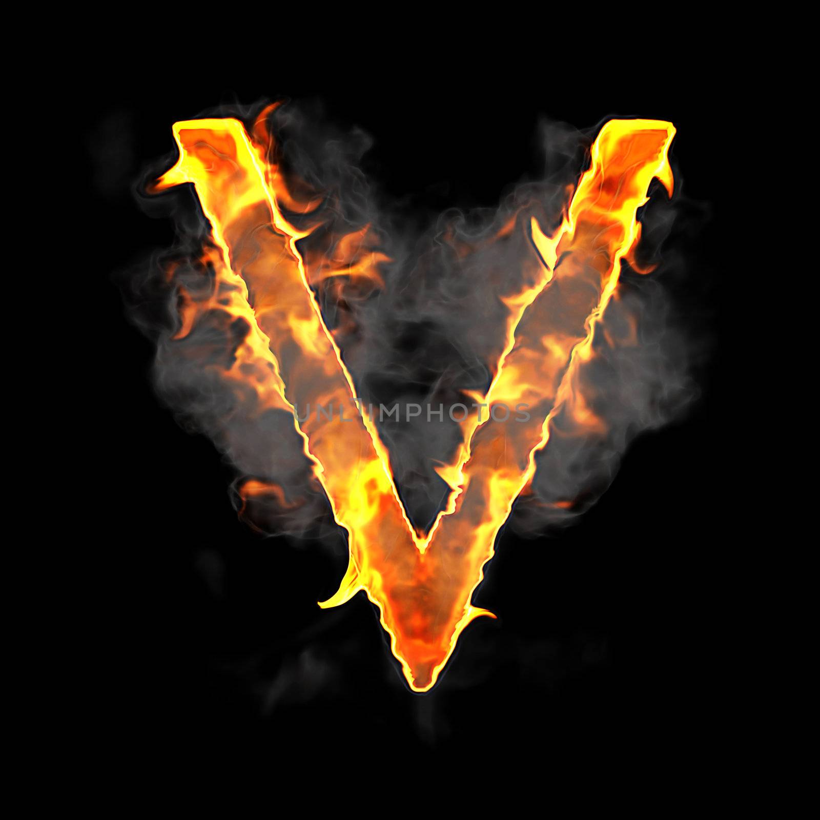 Burning and flame font V letter over black background