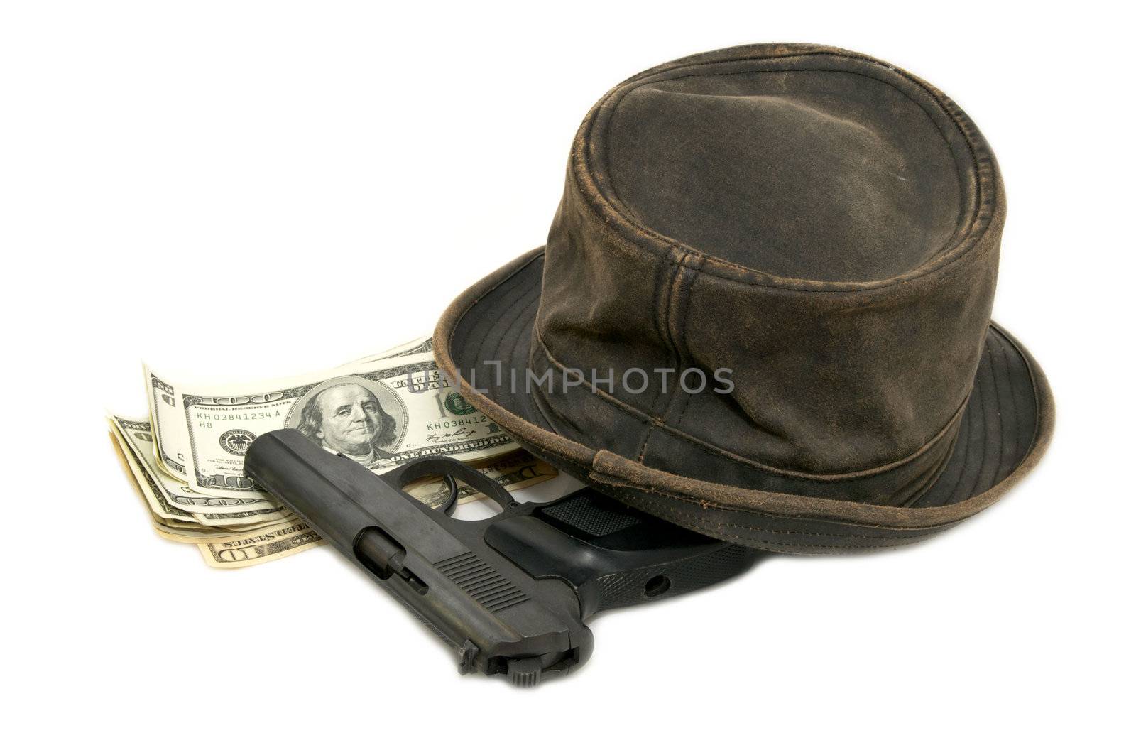 dollars and a gun and a hat on a white background
