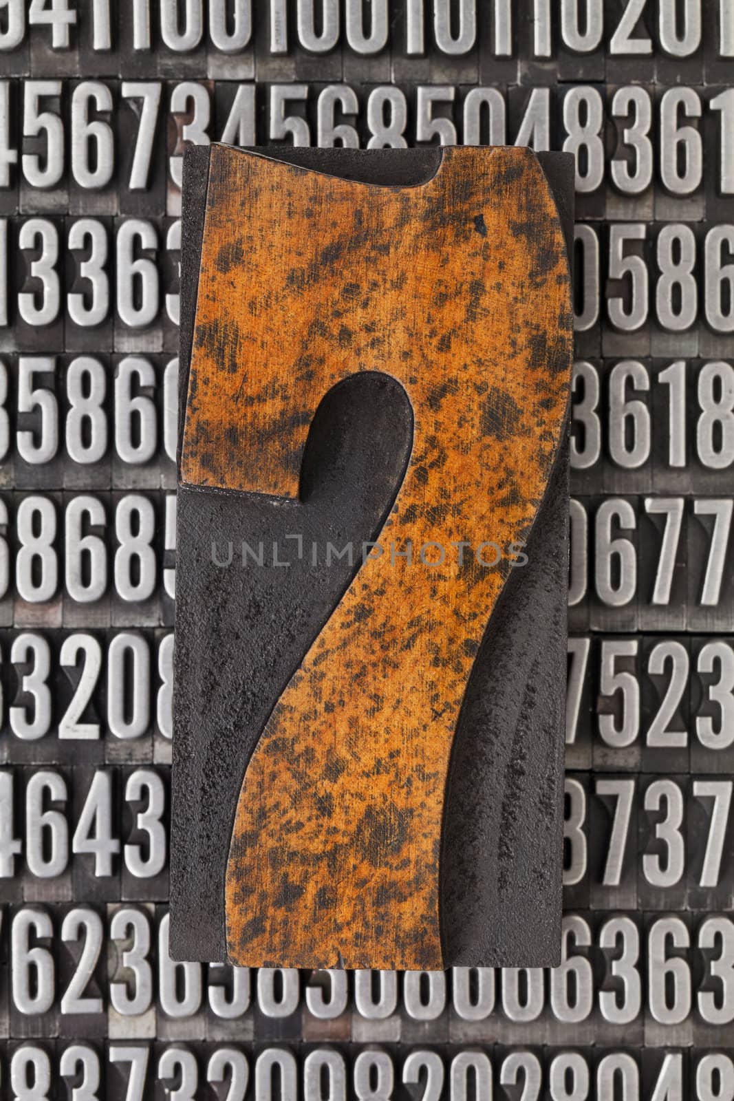number seven in vintage letterpress wood type against background of random metal numbers