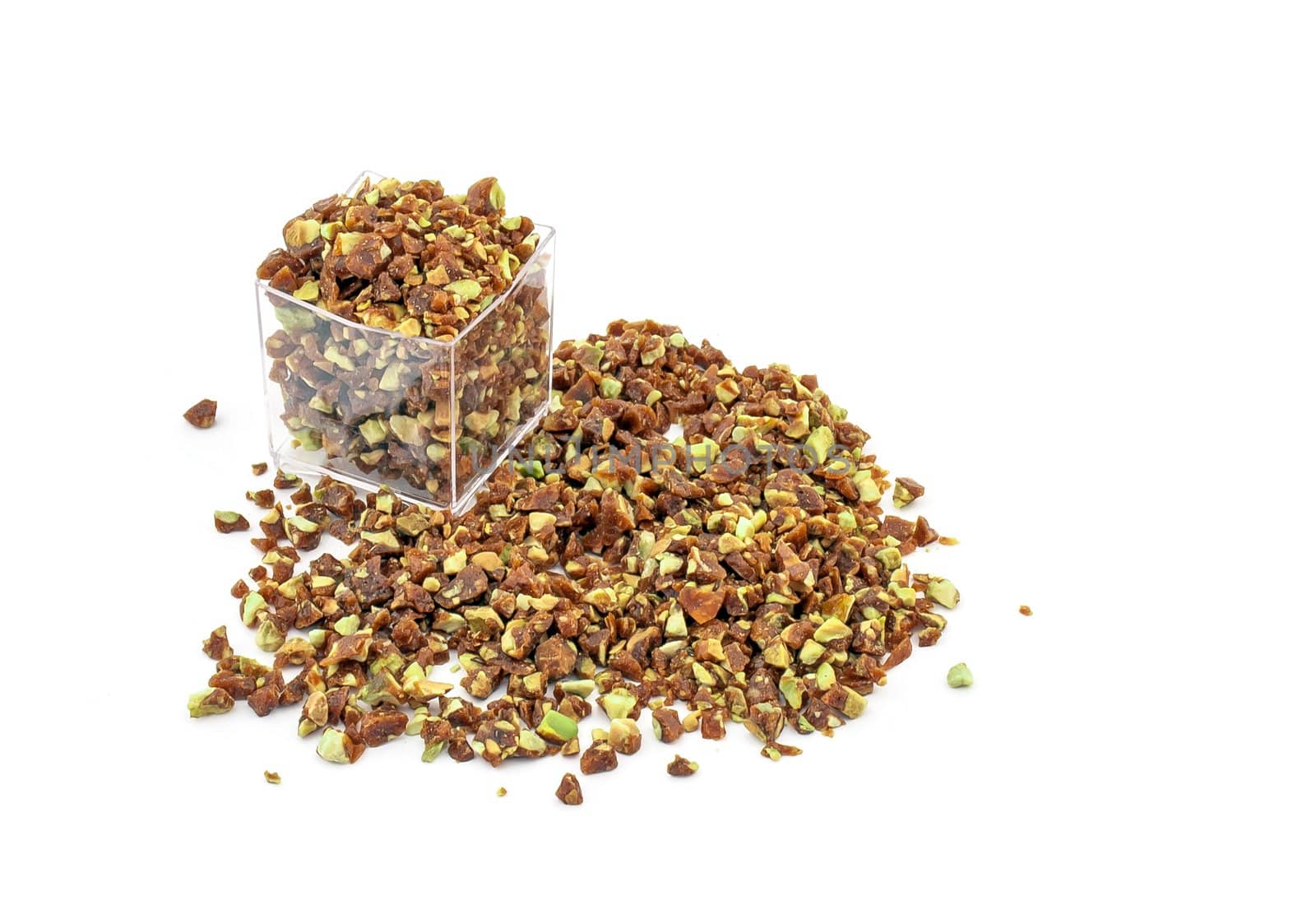 Crumbled crunchy Caramelized Pistachio on white background