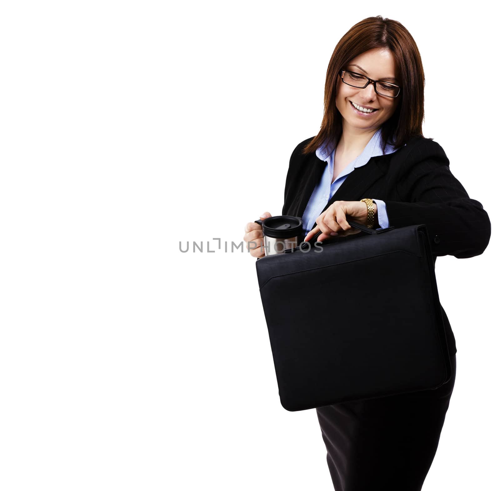 happy business woman looking at her watch on white background