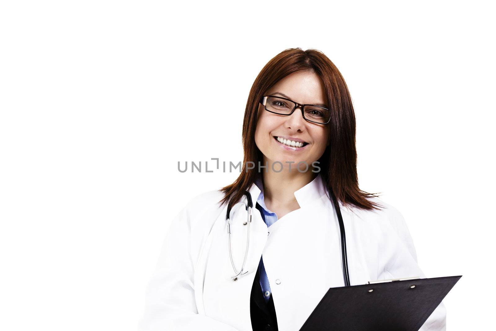 happy female doctor wit a clipboard on white background