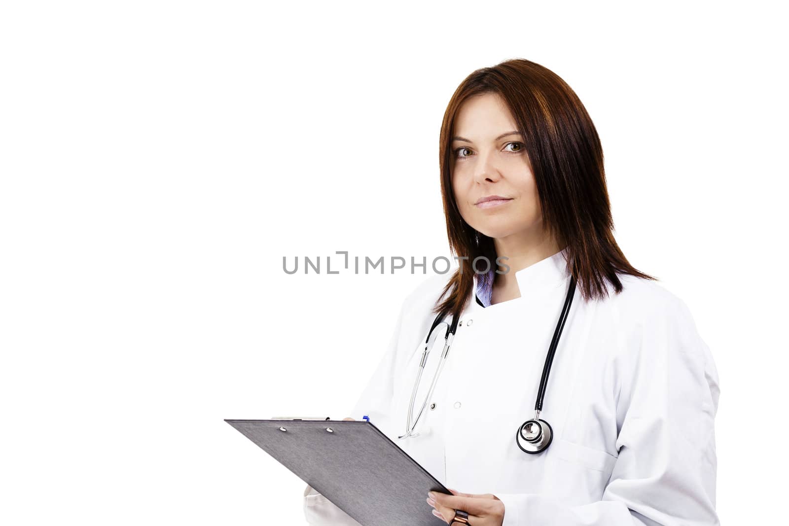 female doctor with a clipboard on white background