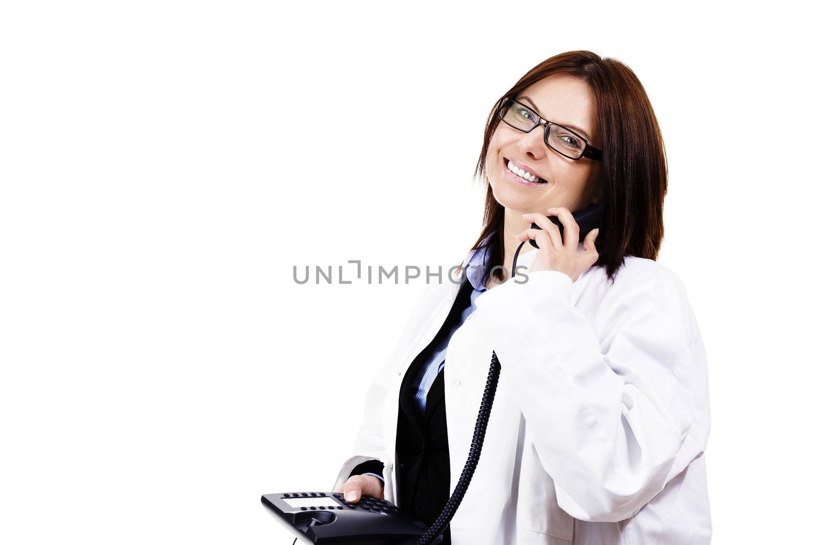 happy female doctor hanging on the phone on white background