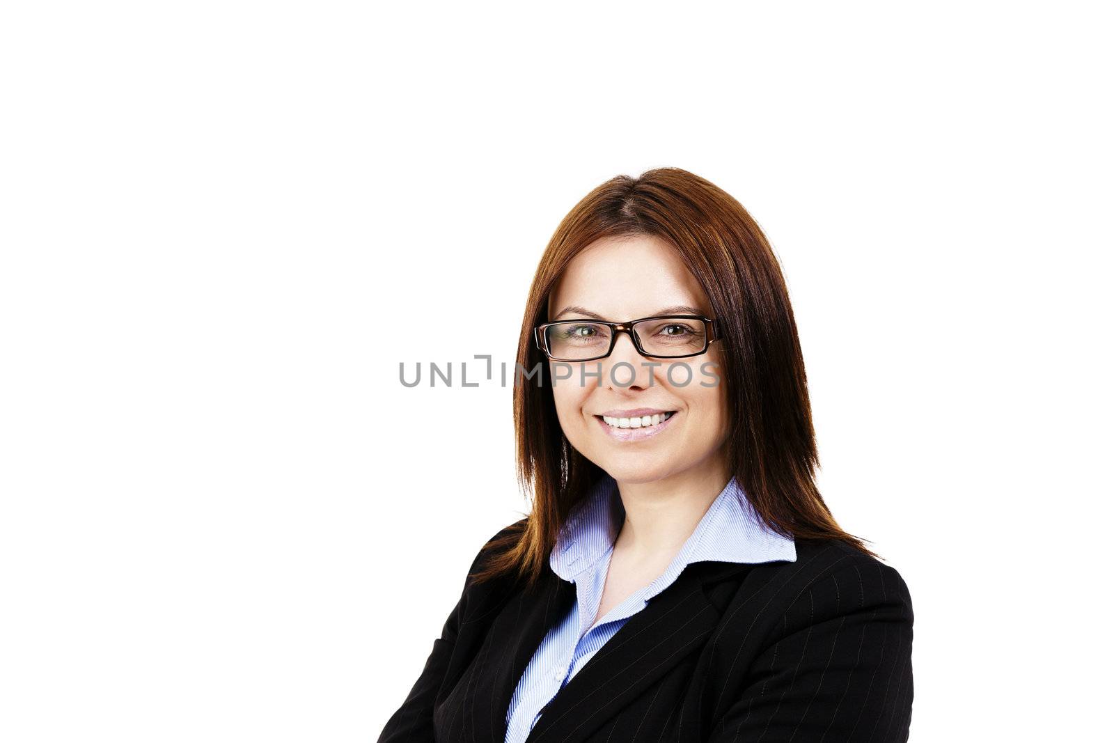 smiling business woman wearing glasses on white background