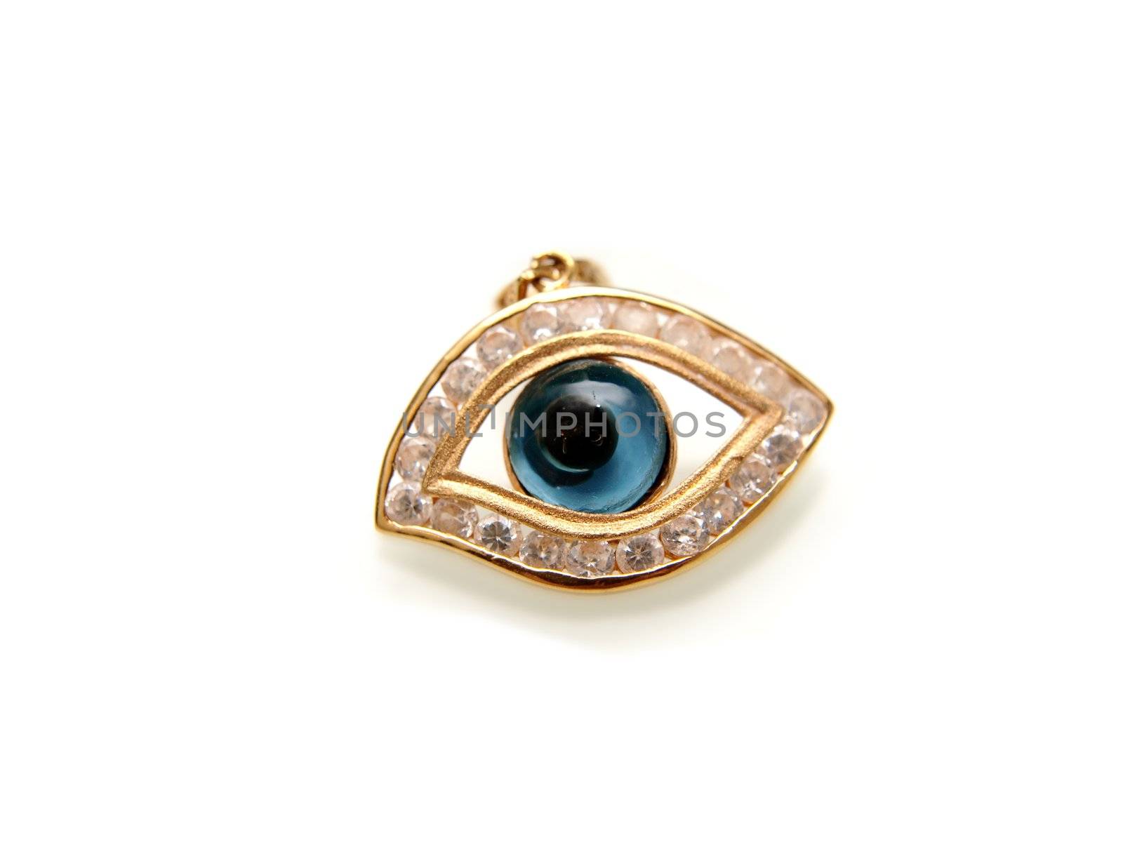 Evil eye with diamonds, and yellow gold, isolated towards white background