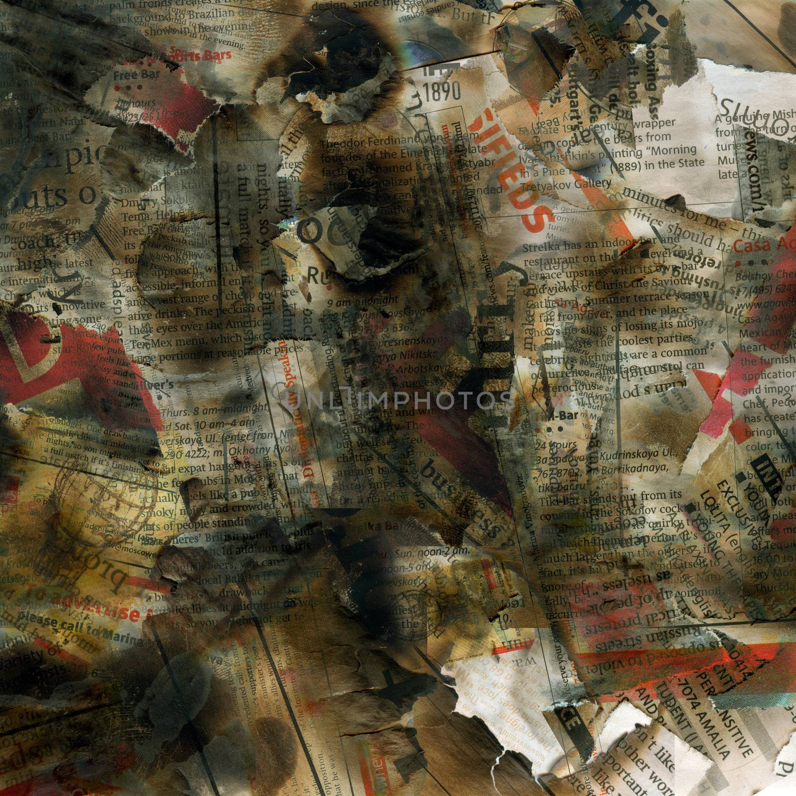 Newspaper burning background print design with burnt edges. Dirty, grunge, ashes and clippings. Damaged text.