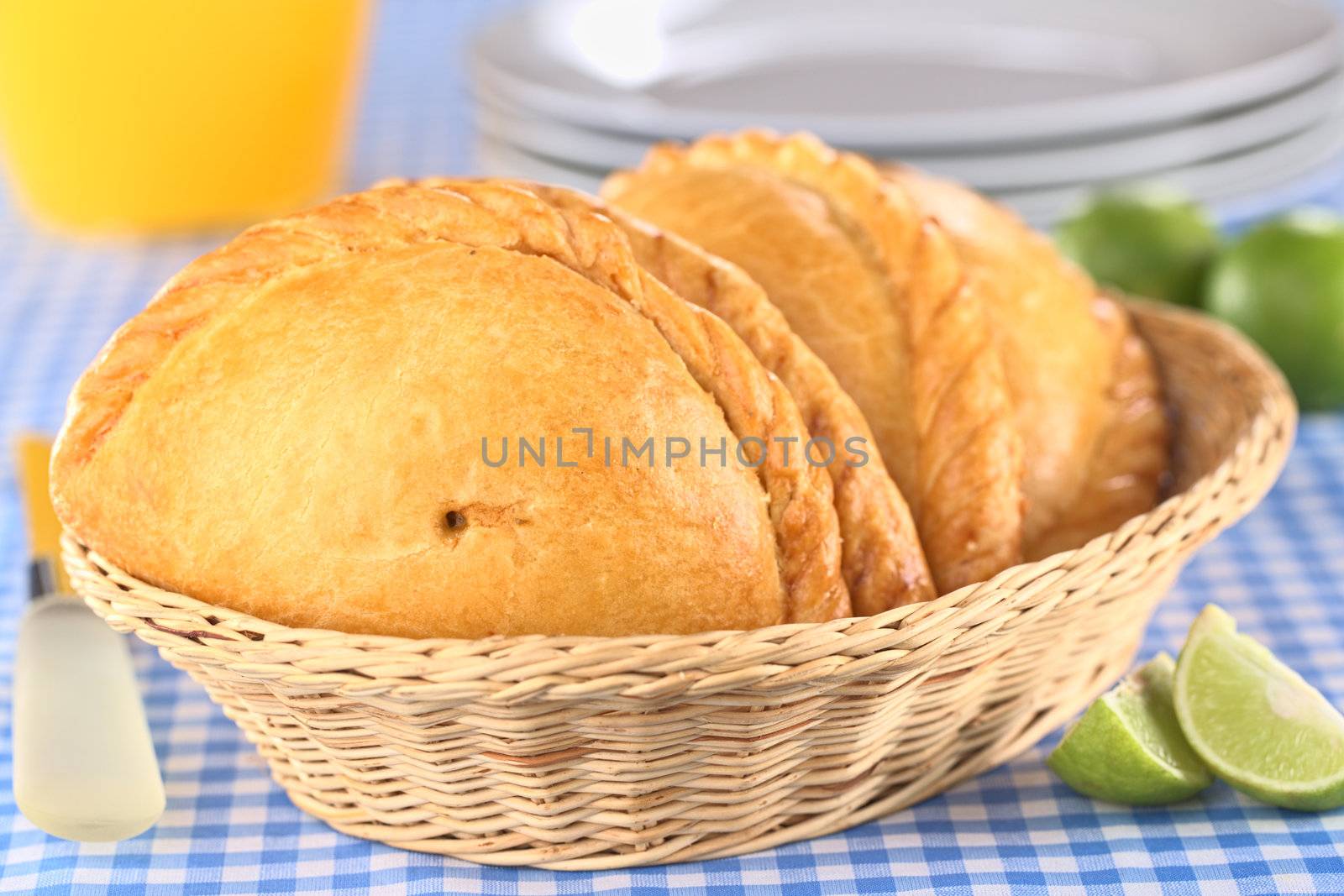 Peruvian snacks called Empanadas (pies) filled with chicken and beef (Selective Focus, Focus on the middle of the front empanada)