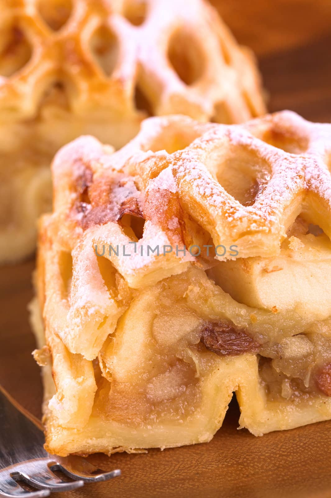 Apple strudel with raisins (Selective Focus, Focus on the upper part of the apple stuffing)