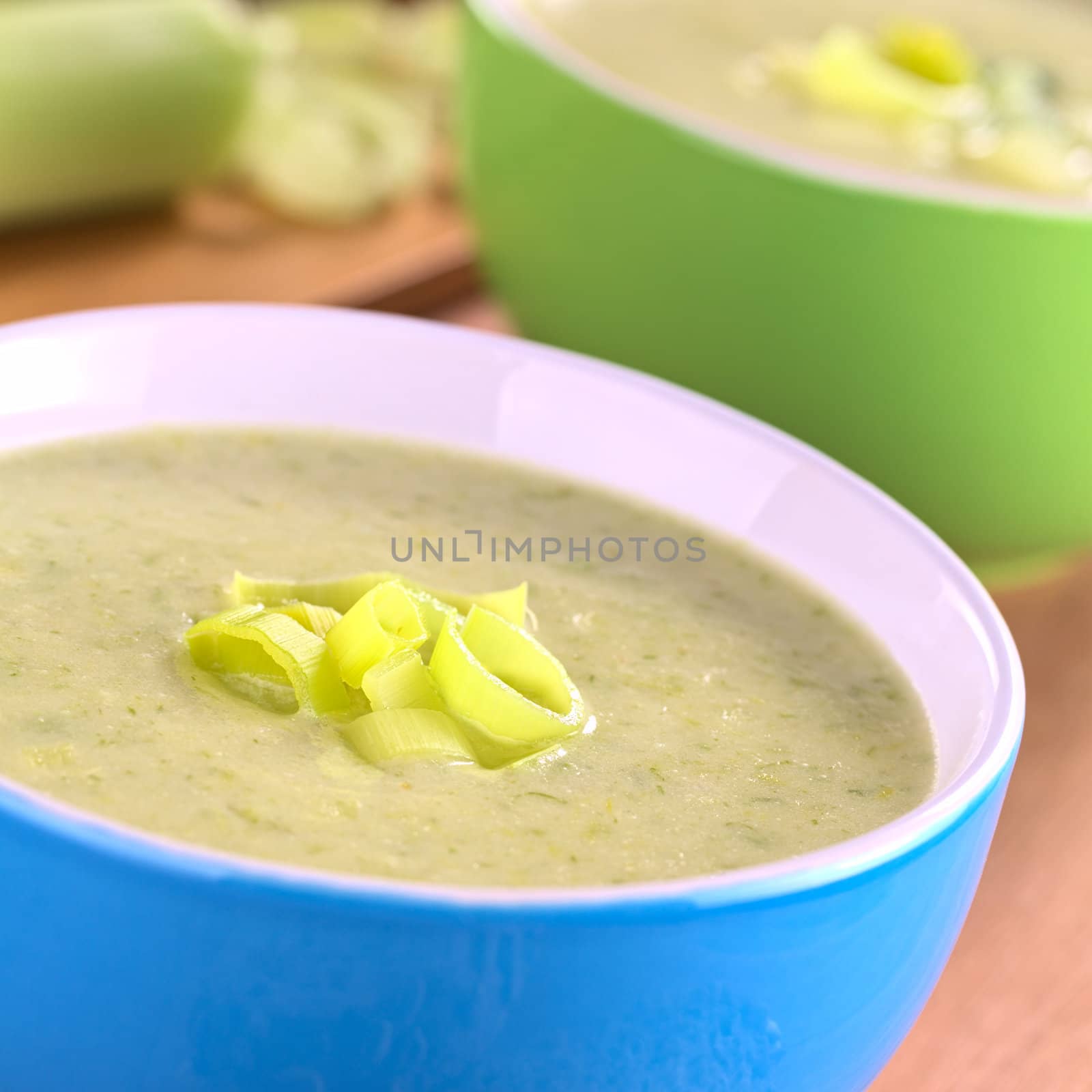 Fresh homemade leek soup (Selective Focus, Focus on the leek rings on the top of the soup)