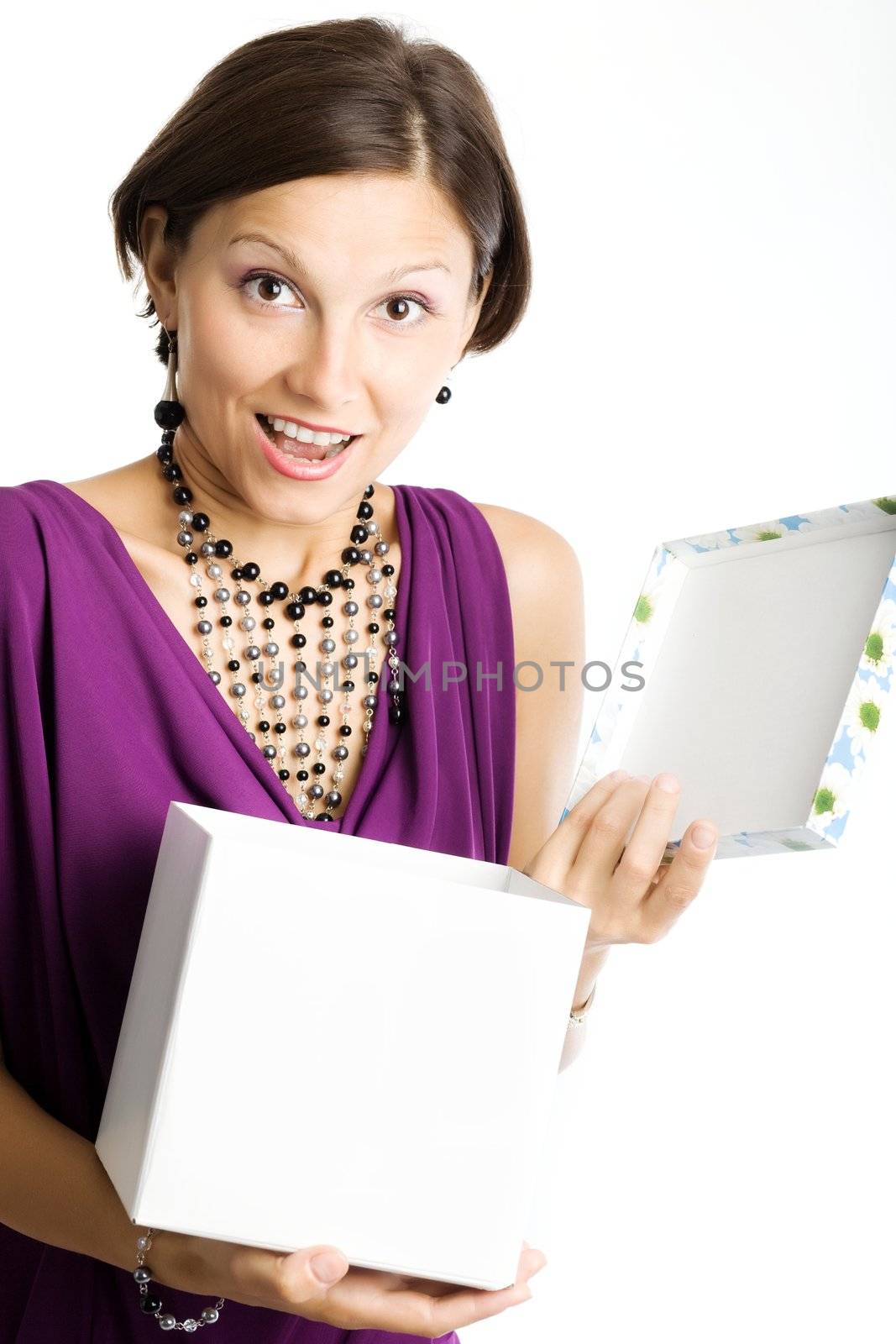 An image of a young woman with a white box