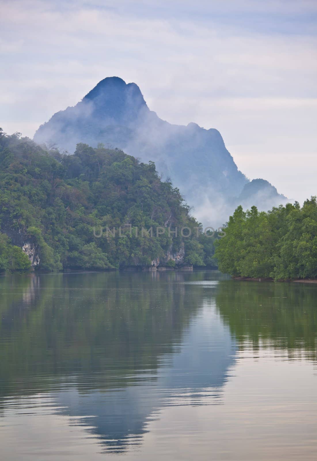 river with mountain by witthaya