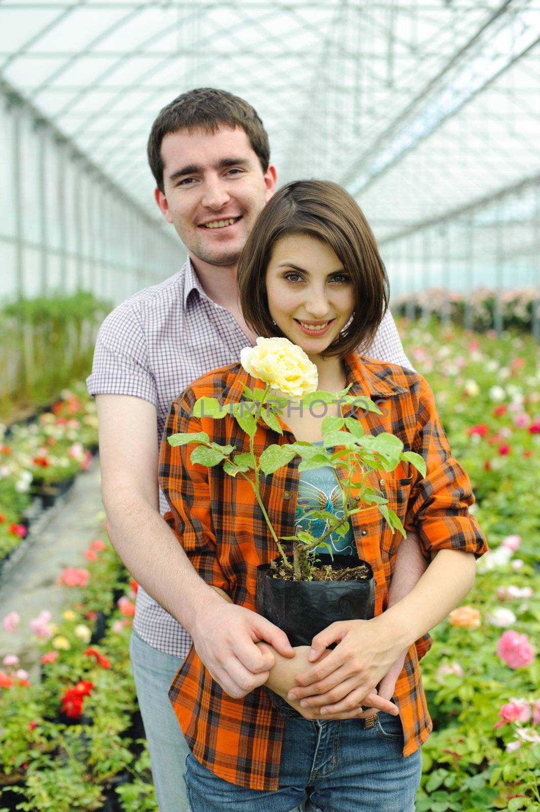 An image of a young couple with a flower pot