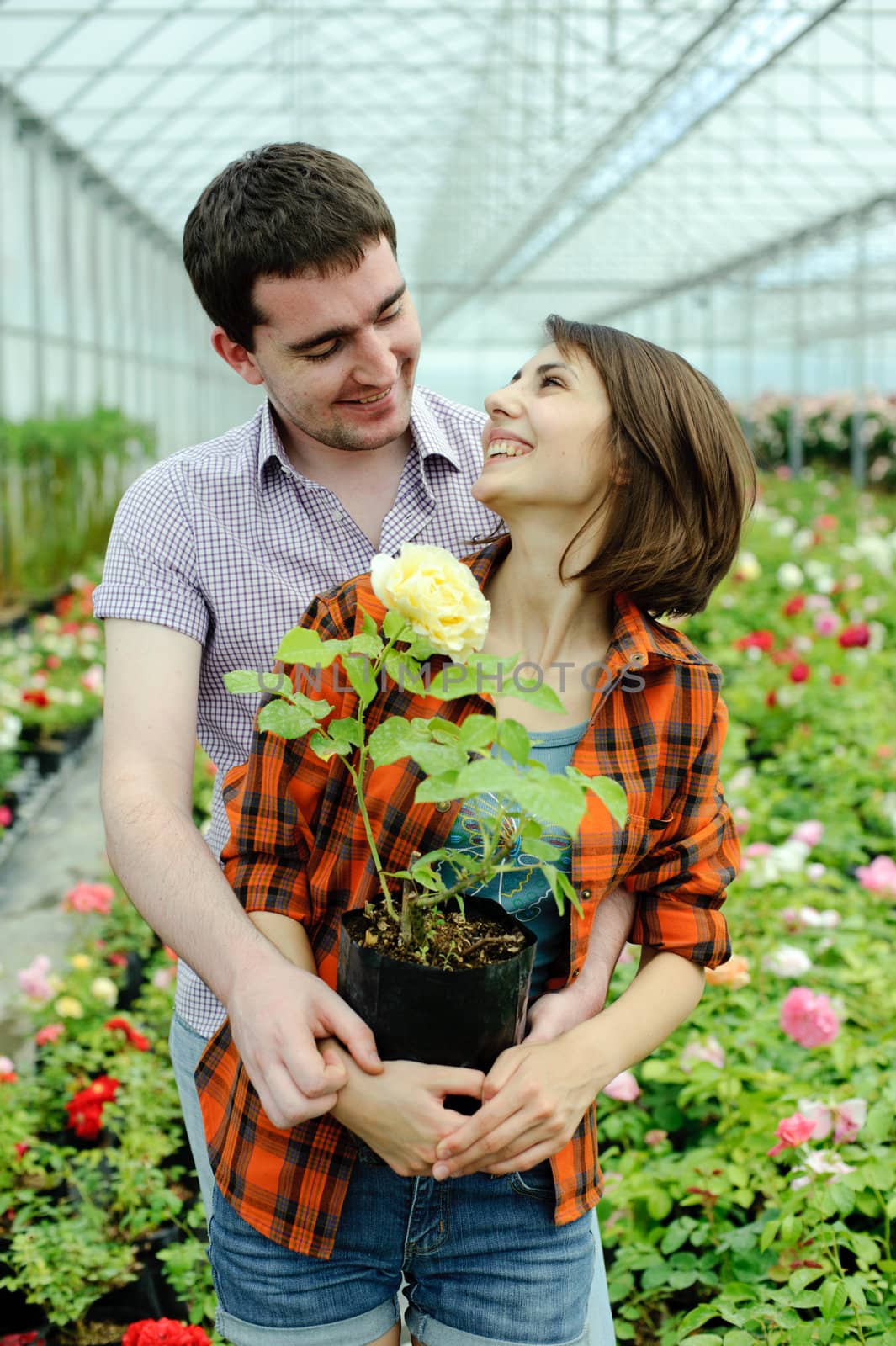 An image of a young couple with a flower pot