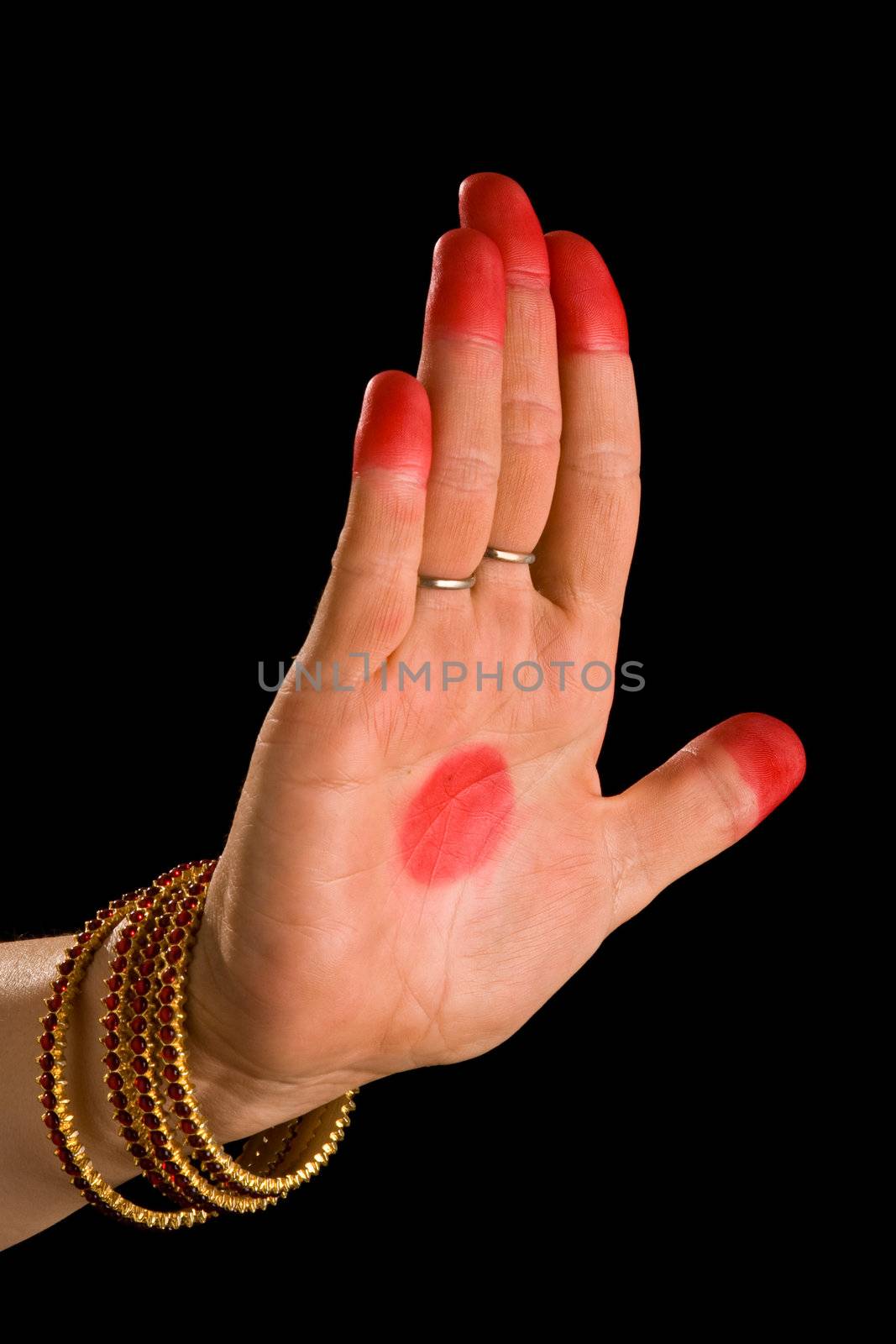 Woman hand showing Ardhachandra hasta (meaning half moon) of indian classic dance Bharata Natyam