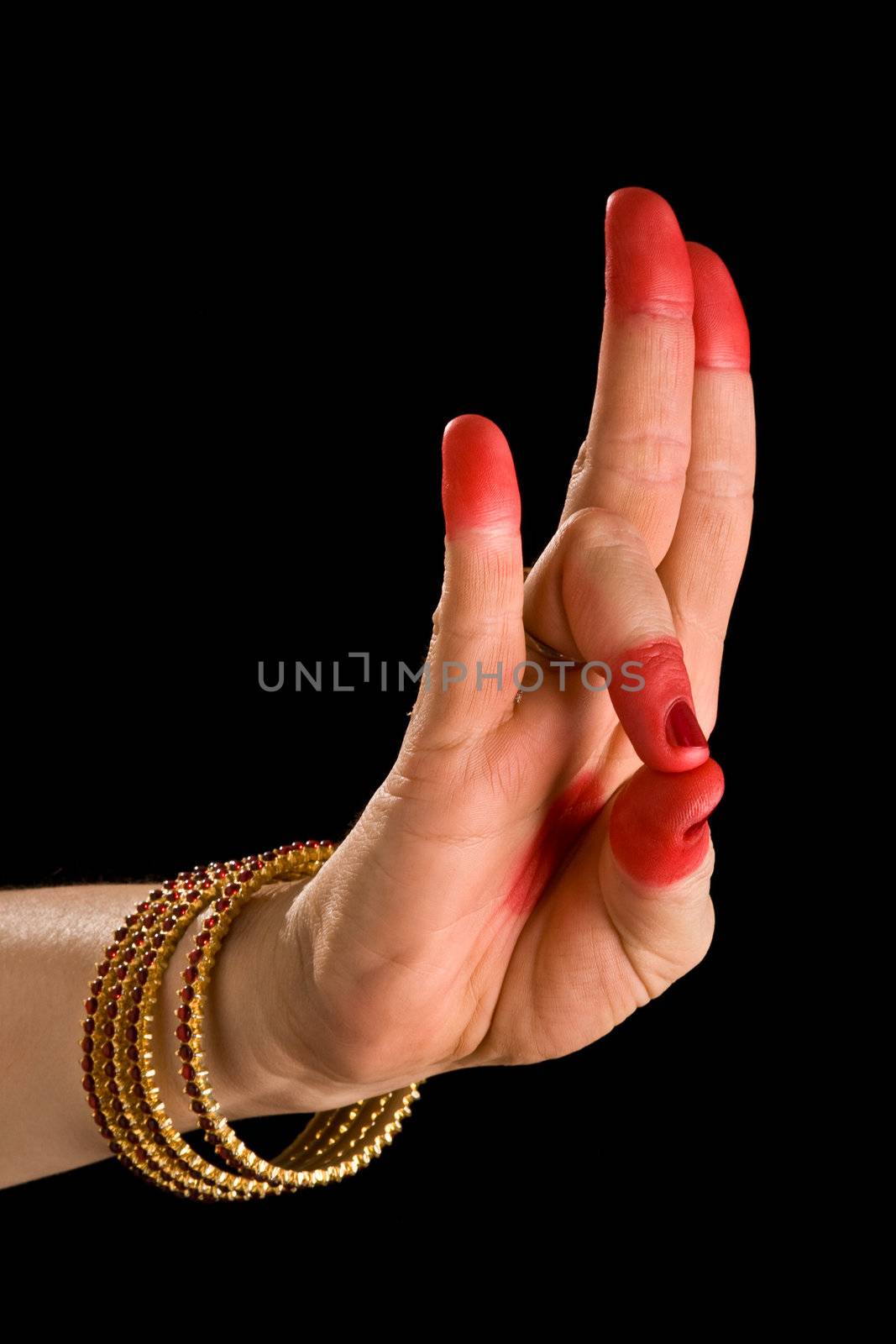 Woman hand showing Mayura hasta (meaning peacock) of indian classic dance Bharata Natyam