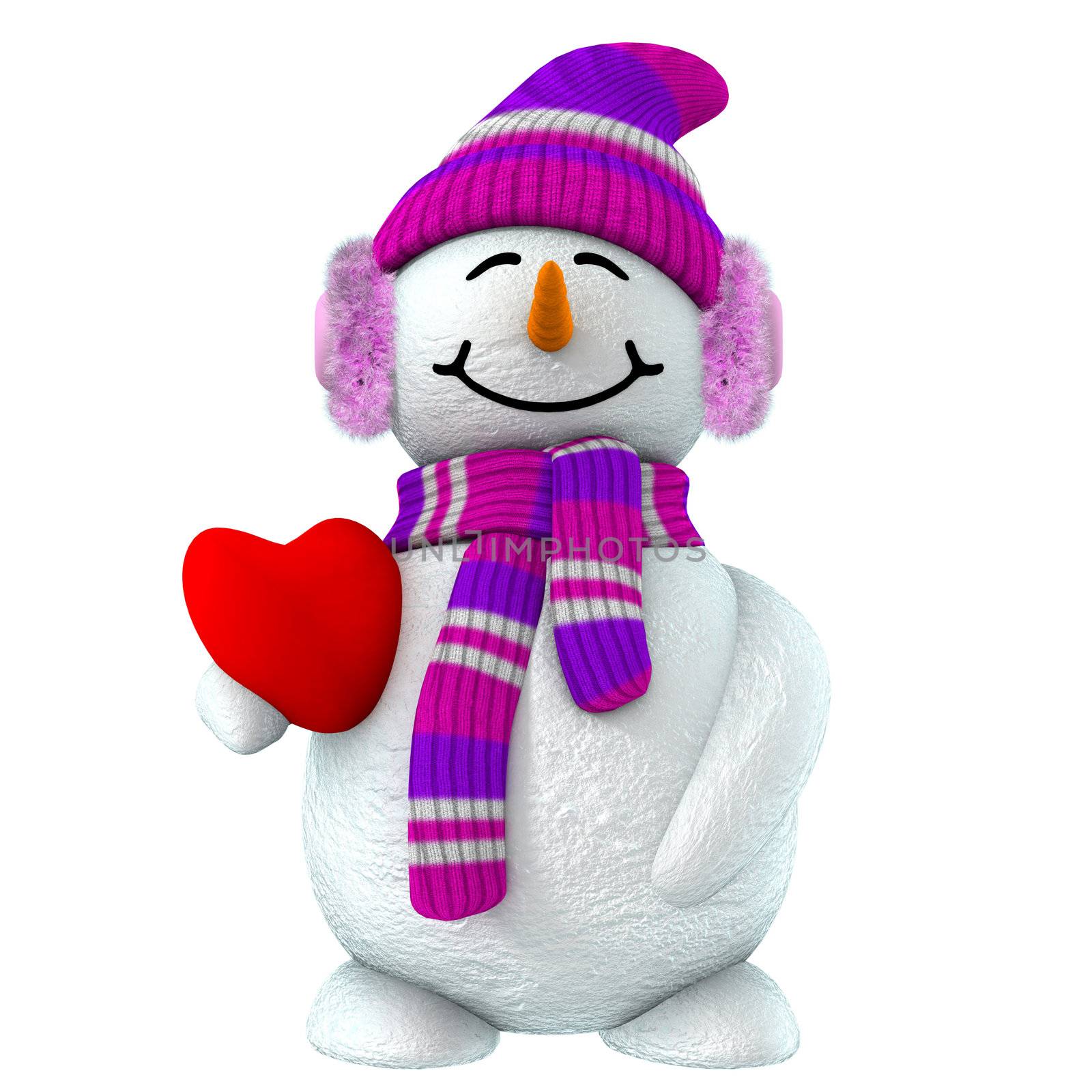 3d snowman girl with pink hat and red heart