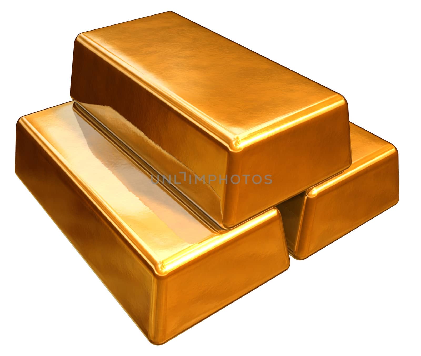 3d gold bars with reflection in white background