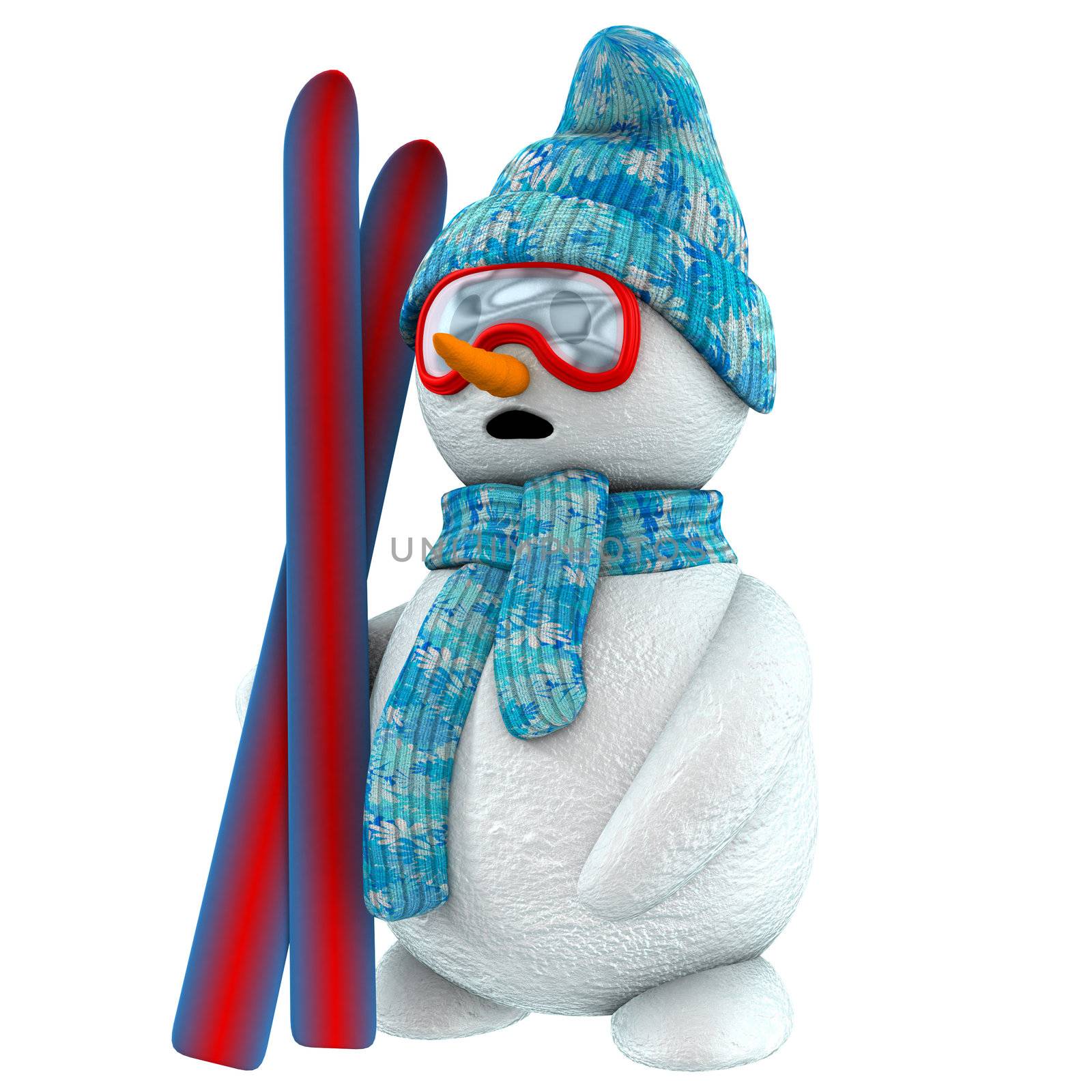 3d snowman skier with blue hat and red mask