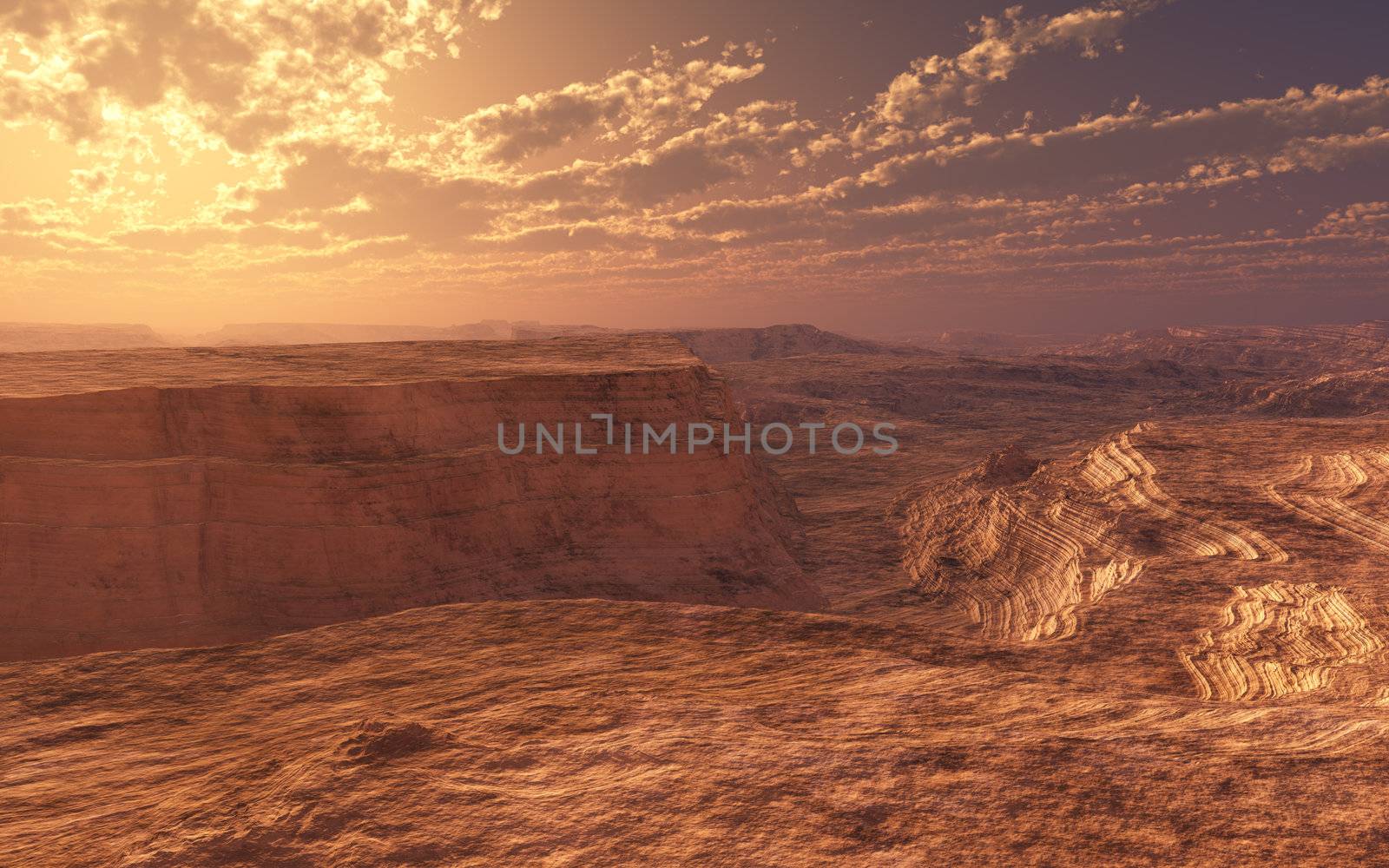 This image shows a dry canyon with sunset